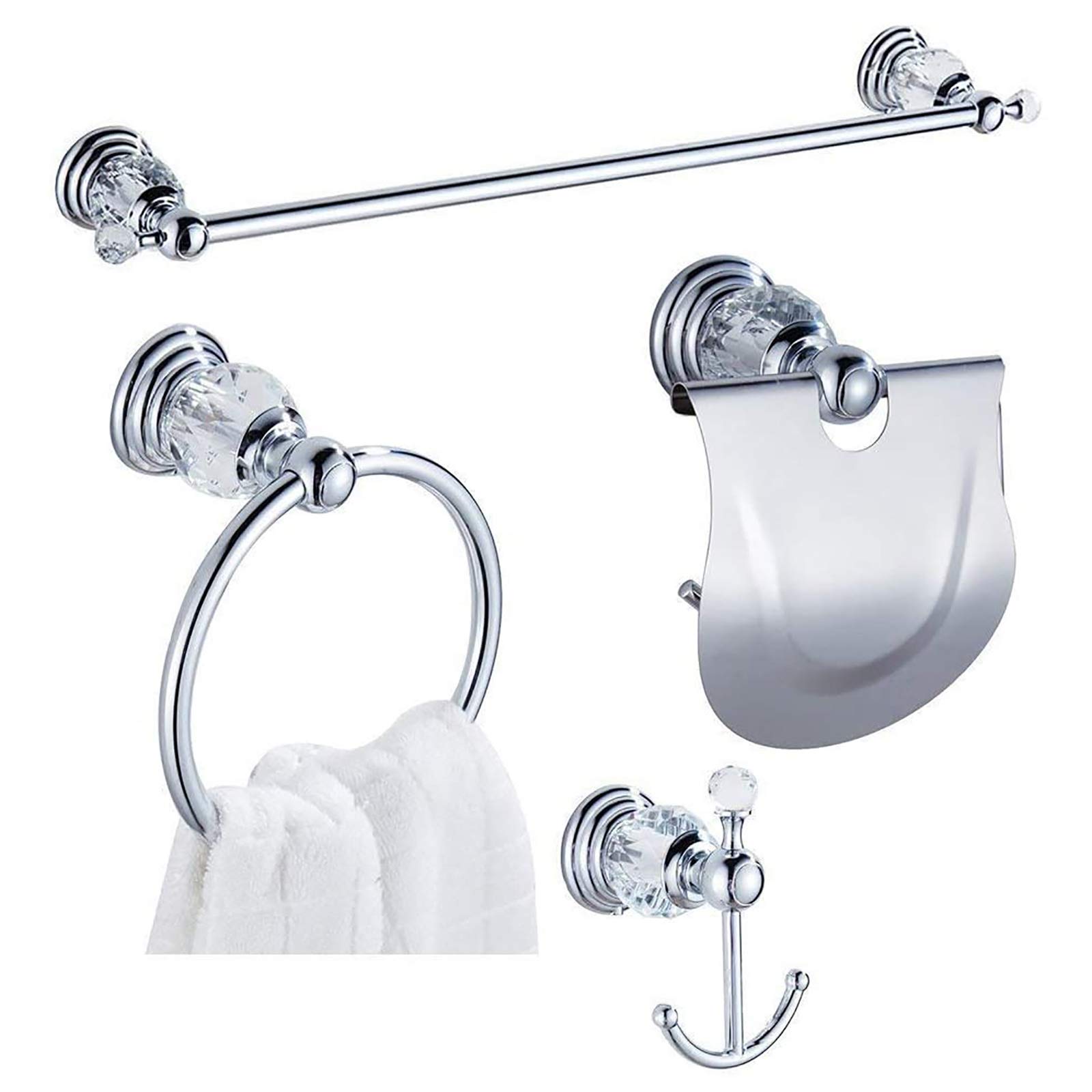 22 Inch Chrome Crystal Towel Bar Set - 4-Piece Bathroom Hardware Accessories (Wall Mounted Coat Hook, Hand Towel Ring, Paper Holder) for Modern Home & Spa Decor