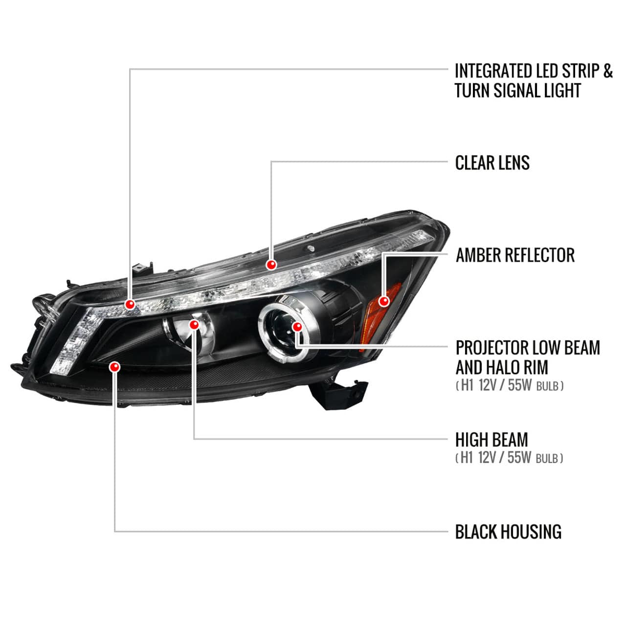 2008-2012 Honda Accord Sedan LED Projector Headlights with Halo Ring, LED Light Strip & Turn Signal - Matte Black Housing & Clear Lens - Upgrade for Night Driving & Style Enhancement