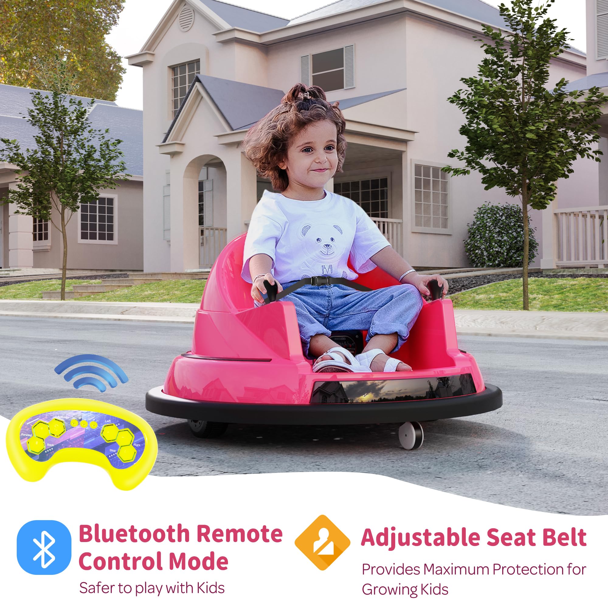 ROOMTEC 12V Kids Ride On Bumper Car with Remote Control - Safe & Certified Electric Toy Car for Toddlers 1-3 Years Old | Flashing LED Lights, Music & 360° Spin | Perfect Birthday Gift for Boys & Girls (Pink) - Indoor & Outdoor Play, Backyard Fun, Party Entertainment