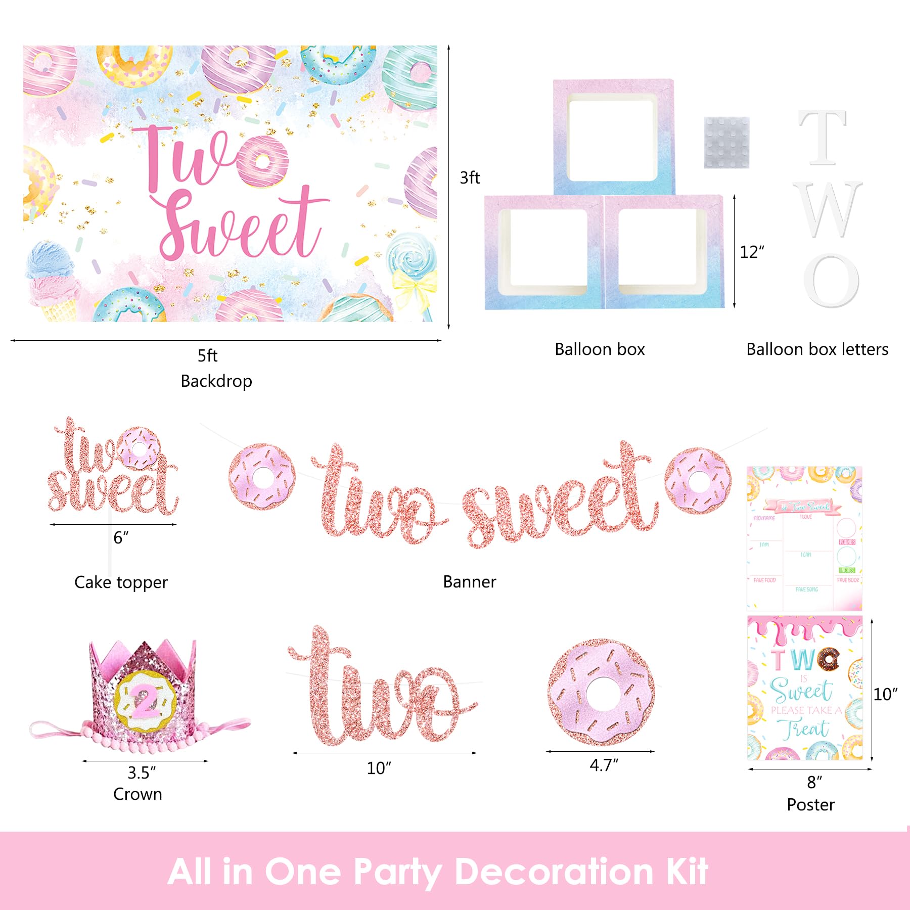 Two Sweet Donut Ice Cream Birthday Party Decorations Set - 2nd Birthday Party Supplies for Girls, Baby Girl 2nd Birthday Decor, Ice Cream Donut Theme Party Decorations | Perfect for Birthday Celebrations, Baby Showers & Themed Parties