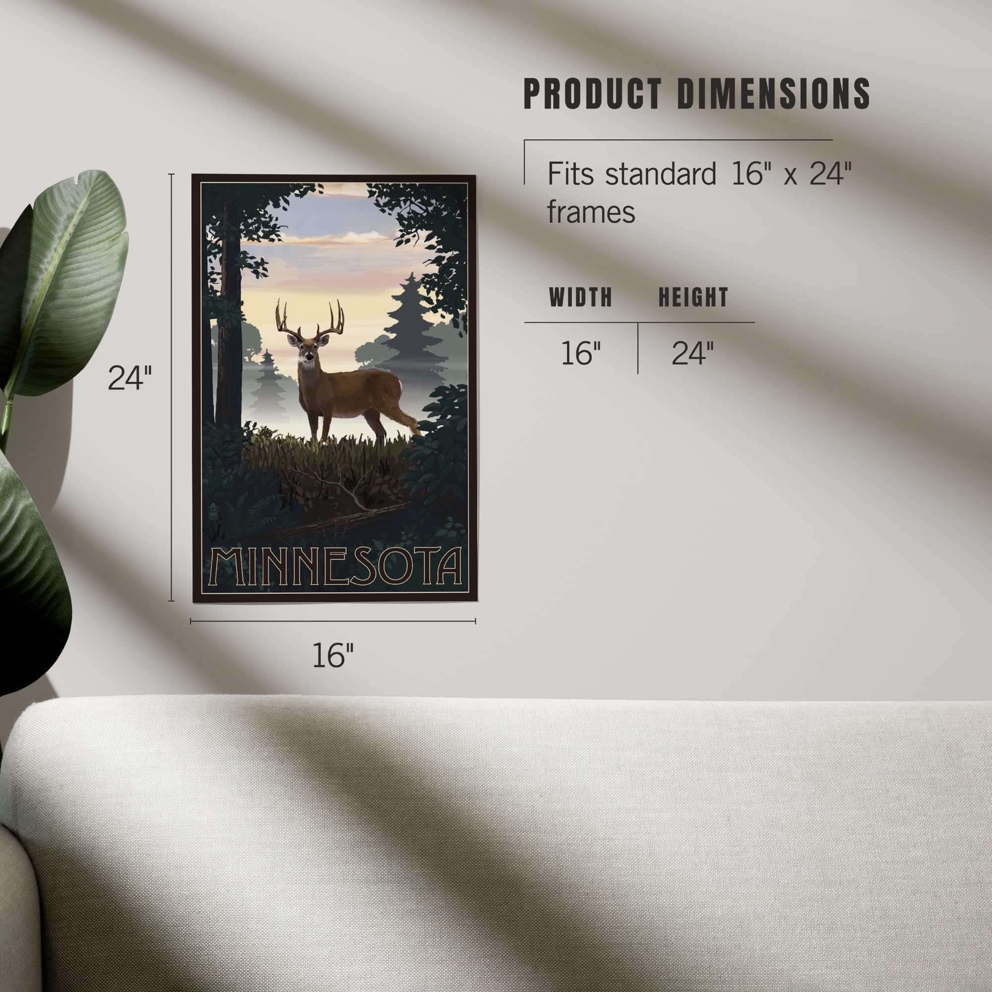 Lantern Press 16x24 Inch Giclee Art Print - Minnesota Deer and Sunrise Landscape Wall Decor | Perfect for Living Room, Bedroom, or Office