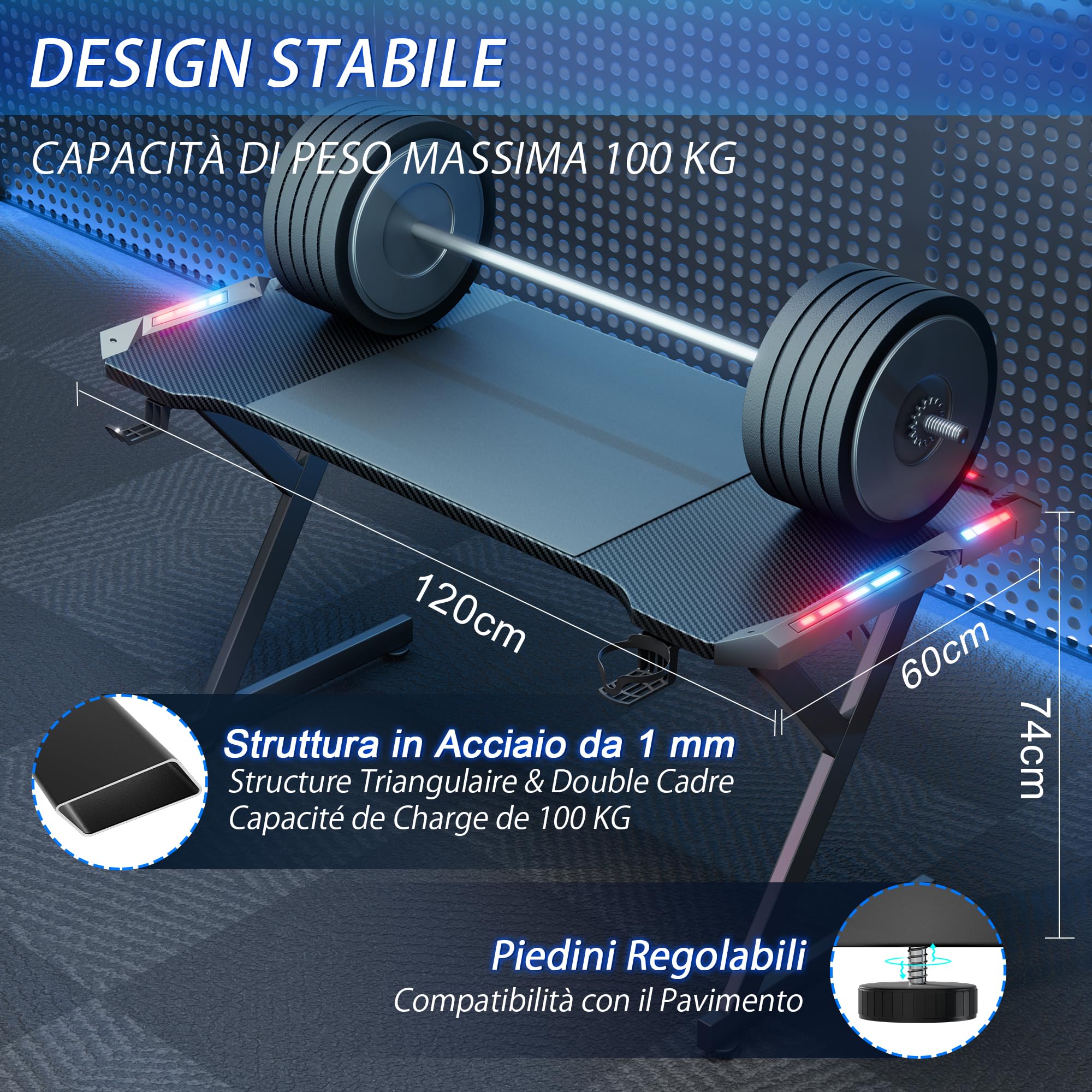 HLONONE 120 x 60cm Carbon Fiber Gaming Desk with LED Lights - Ergonomic Computer Desk with Cup Holder & Headphone Hook - Perfect for PC Gaming Setup, Home Office & Streaming Station (Black)