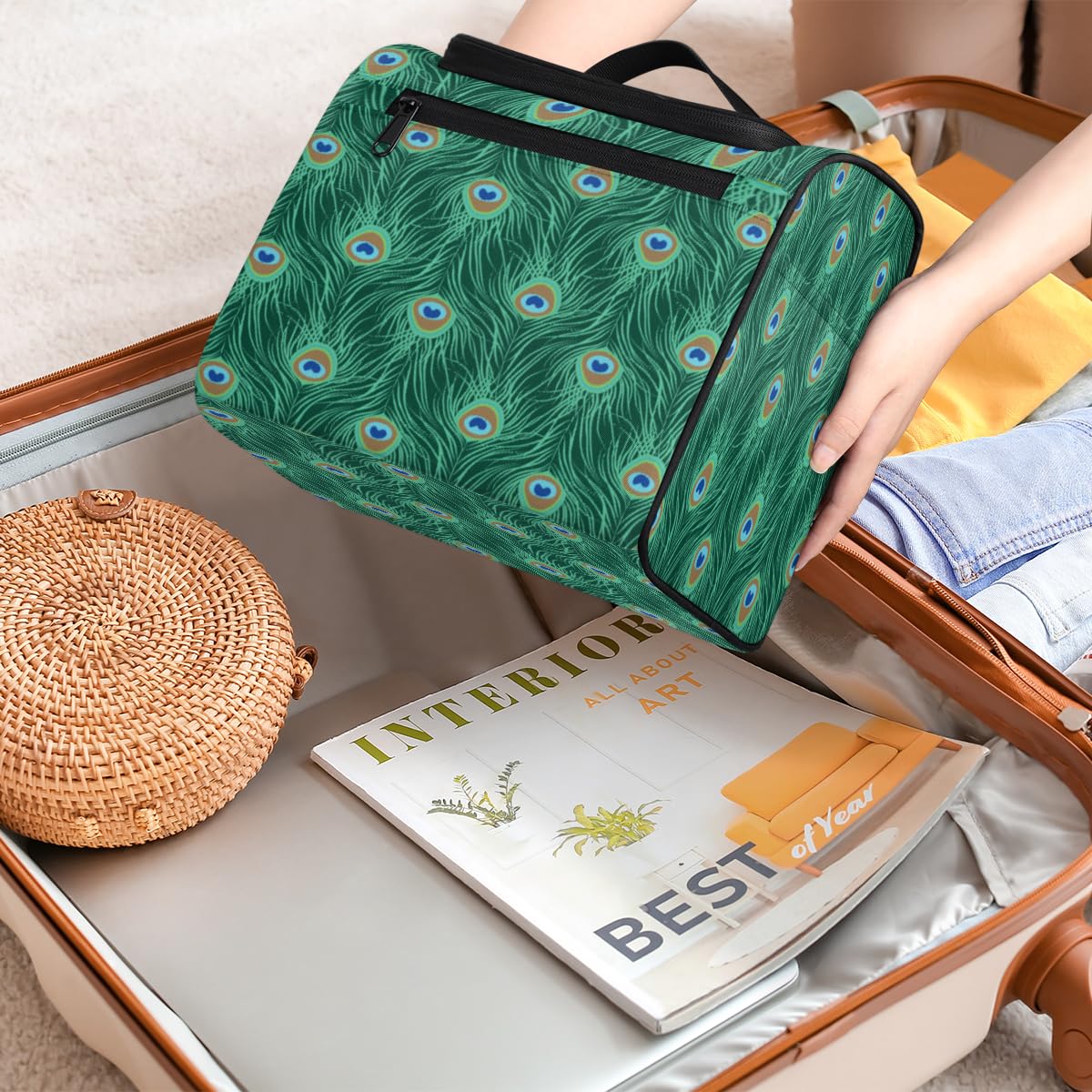 Green Peacock Feather Toiletry Bag for Women - Waterproof Makeup Organizer with Compartments, Perfect for Travel & Bathroom Storage