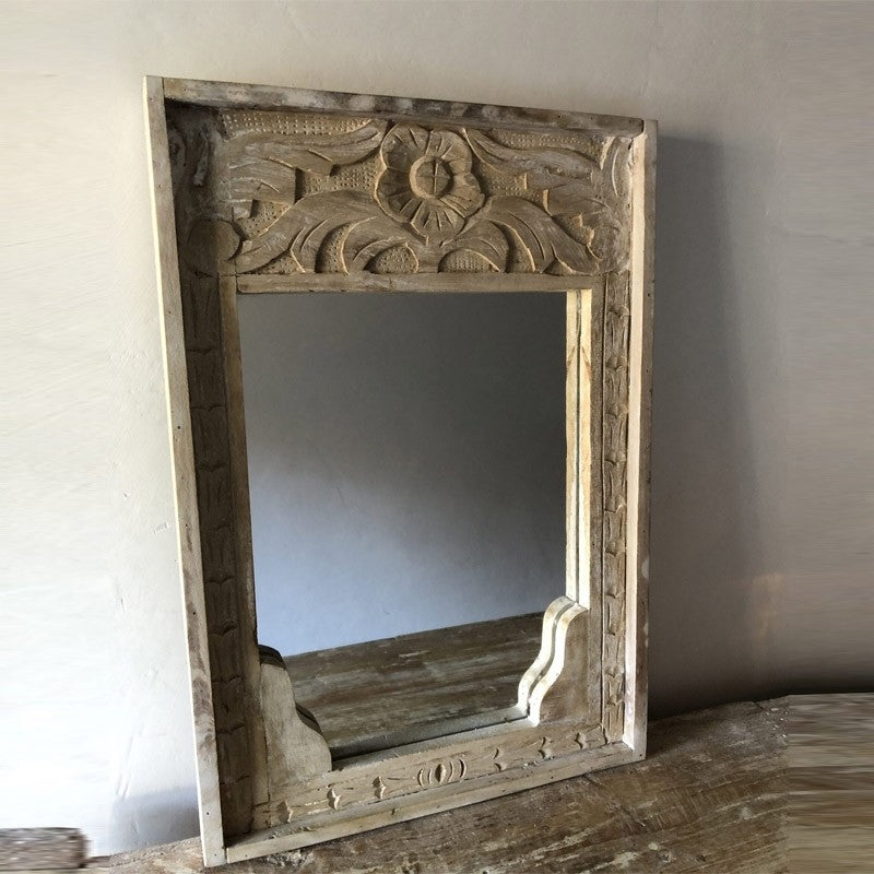 Hand Carved Indian Solid Wood Mehrab Style Mirror - 60cm Bleached Finish - Elegant Wall Decor for Living Room, Bedroom & Entryway