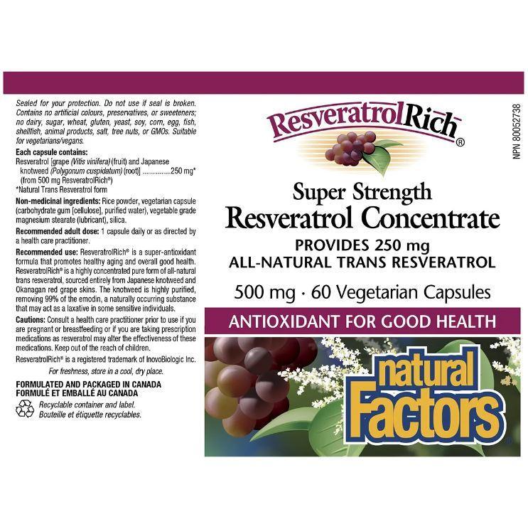 Natural Factors Resveratrol Rich 500mg - 60 Veggie Capsules - Antioxidant Supplement for Heart Health & Anti-Aging - Supports Cardiovascular Function & Cellular Health - Perfect for Daily Wellness Routine & Healthy Lifestyle