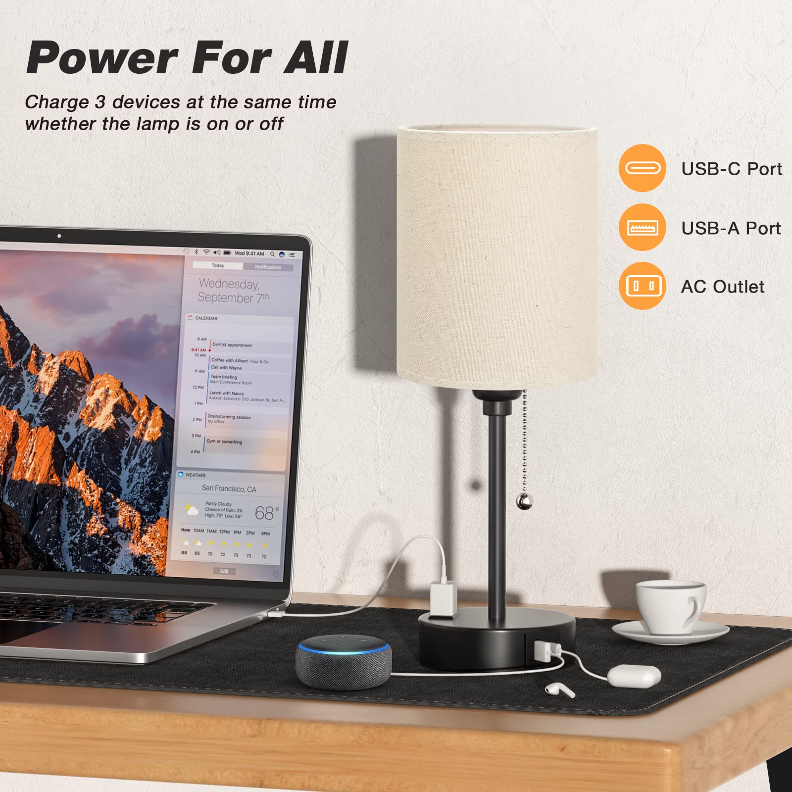 3-Level Dimmable Beige Small Table Lamp with USB-C & USB-A Ports & AC Outlet - 2700K/3500K/5000K Color Temperature Adjustable Bedside Lamp with Pull Chain & Black Metal Base - Perfect for Bedroom, Kids Room & Reading Nook Lighting