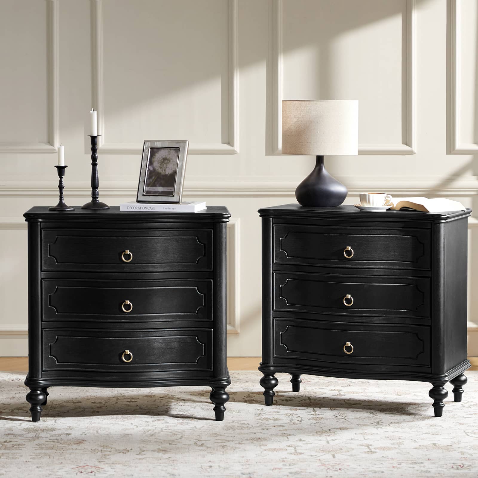 Bernhard 3 Drawer Traditional Nightstand with USB Outlets - Solid Wood Bedside Table for Bedroom, Living Room & Office - Charging Station & Storage Cabinet