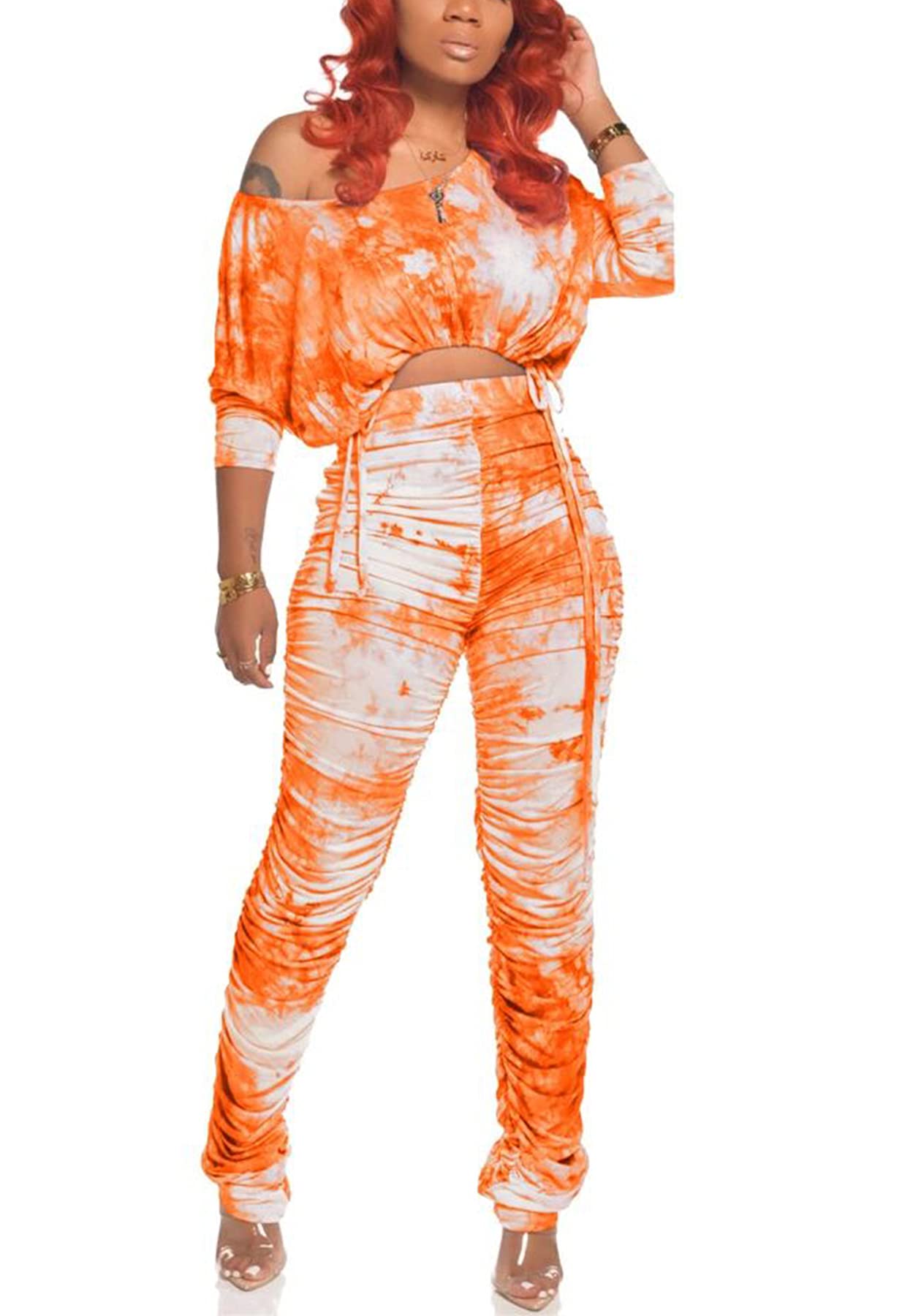 Women's Two Piece Outfits - Off Shoulder Ruffled Colorful Print Crop Top & High Waist Long Pants Set | Summer Beachwear, Party Outfit, Casual Date Night Fashion