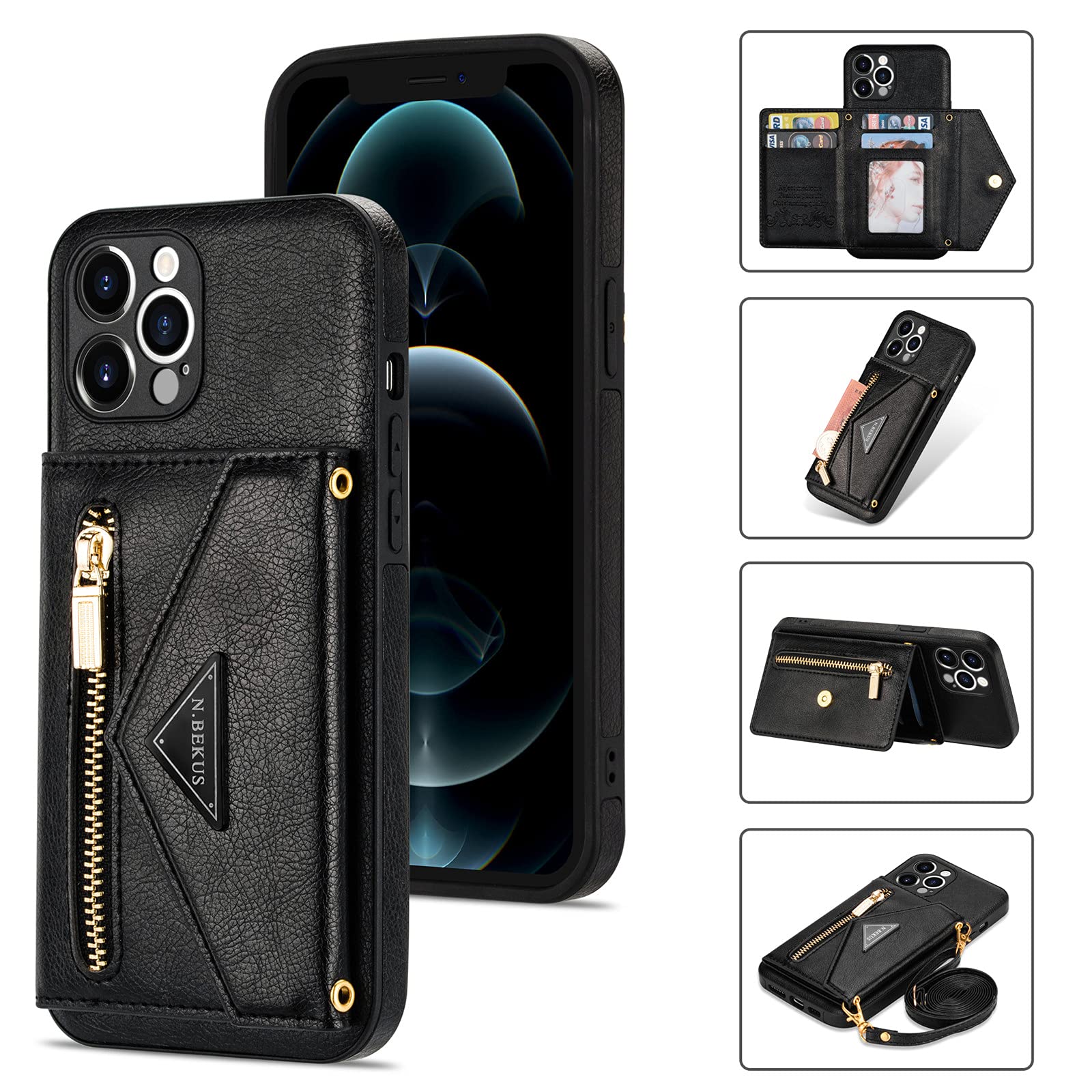 SZHAIYU PU Leather Crossbody Wallet Phone Case for iPhone 12 Pro - RFID Blocking Credit Card Holder with Lanyard Strap, Kickstand & Zipper Purse | Women's Fashion Handbag for Daily Use, Travel & Shopping (Black)