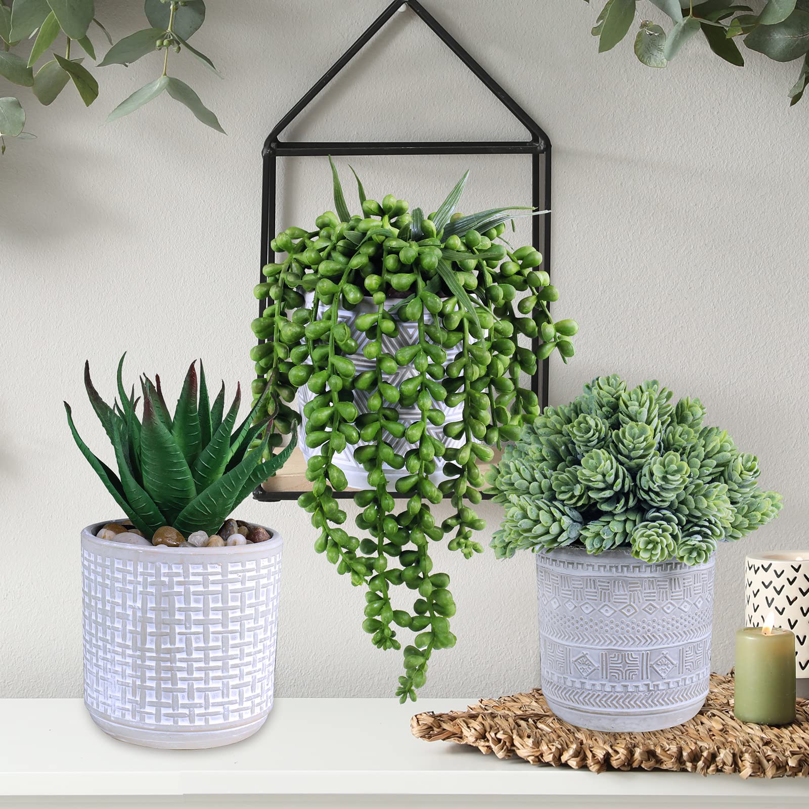 Set of 3 Artificial Succulent Plants - Fake Aloe, String of Pearls & Hops in Gray Geometric Concrete Ceramic Pots | Perfect for Home Office Desk Decor, Indoor Greenery, Housewarming Gifts & Modern Interior Design