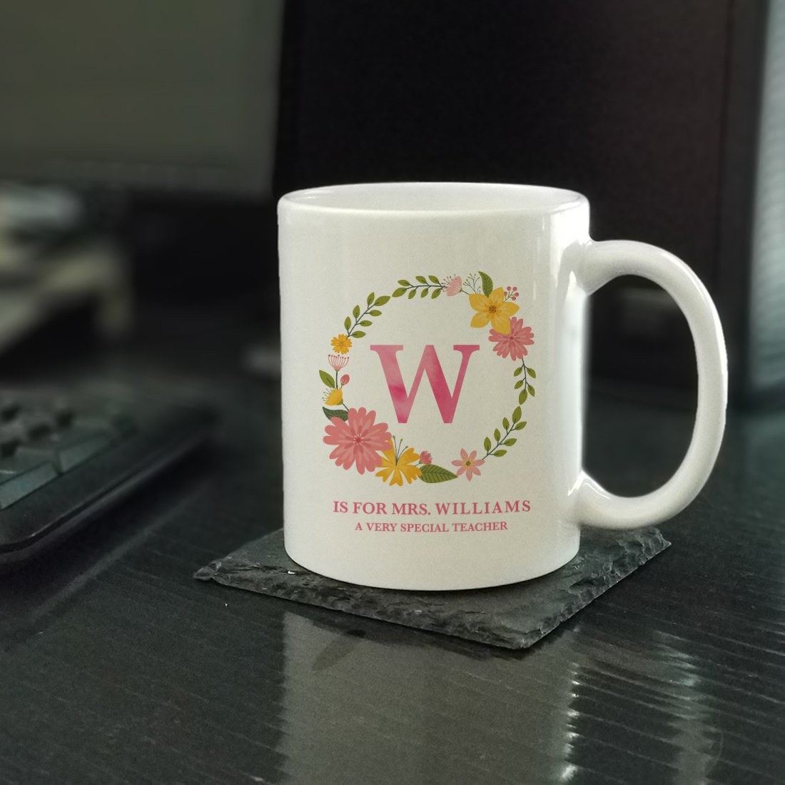 Personalized Teacher Coffee Mug Gift - W for Mrs. Williams, Special Floral Design Ceramic Cup (1-Pack) - Perfect for Teacher Appreciation, Retirement Gifts & Classroom Use