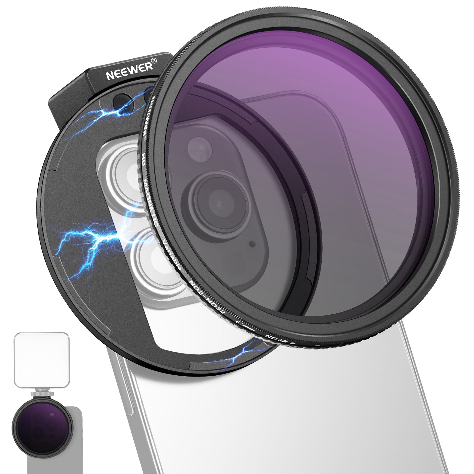 NEEWER 67mm Clip-On ND2-32 Magnetic Phone Lens Filter Kit for iPhone & Android - Perfect for Vlogging, Photography & Cinematic Video Effects