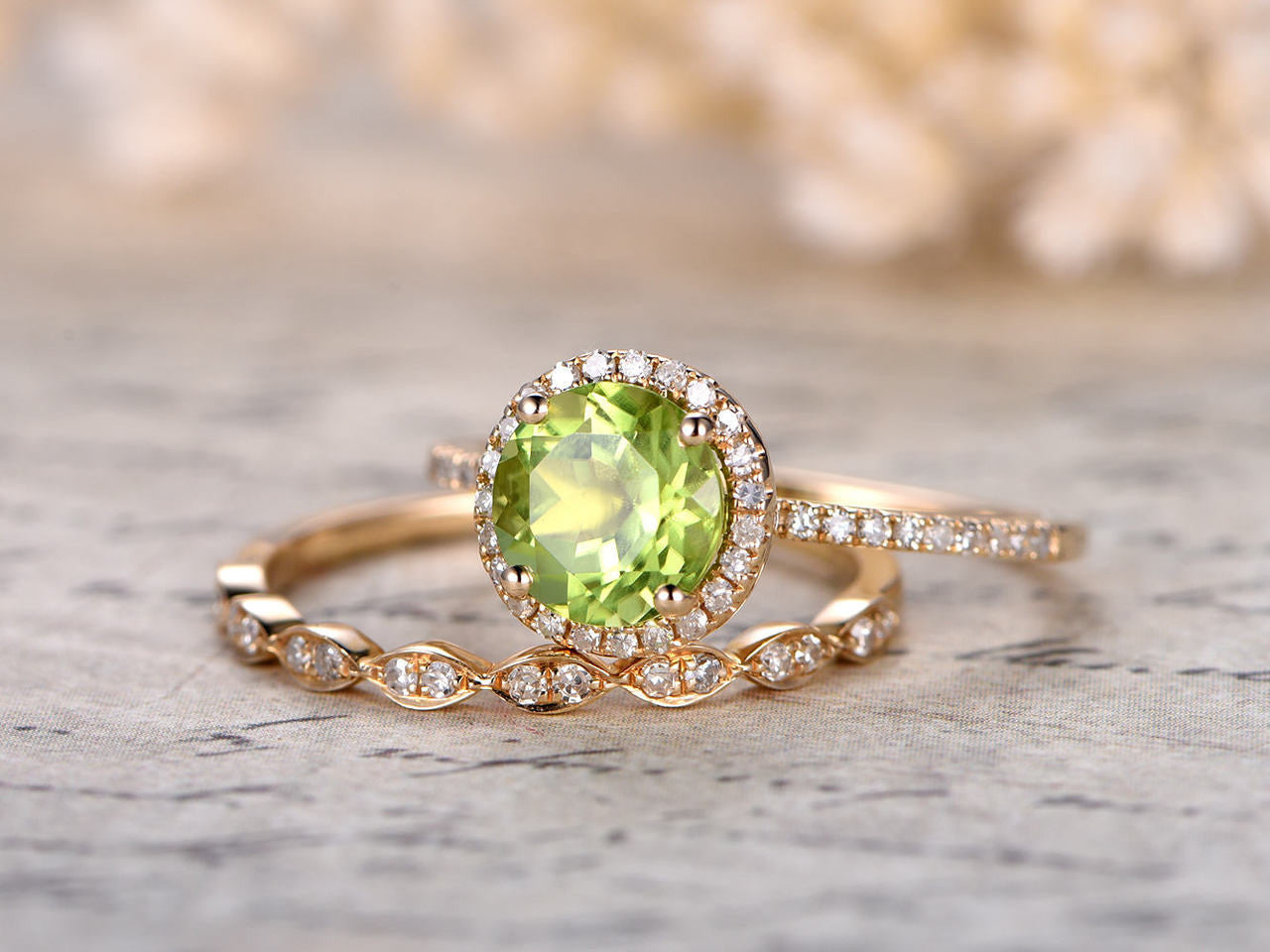 7mm Round Cut Peridot Engagement Ring Set with Diamond Wedding Band in 14K Yellow Gold - Perfect for Bridal Jewelry, Anniversary Gifts & Special Occasions