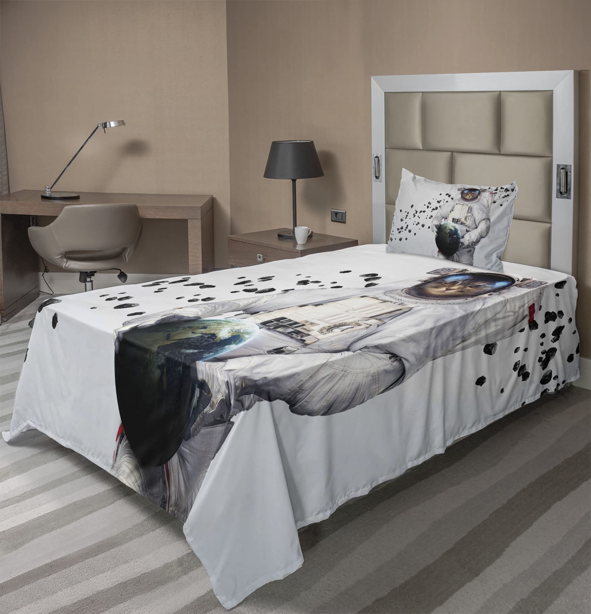 Ambesonne Space Cat 3-Piece Sheet Set - Twin XL, White Black & Blue - Astronaut Kitten in Space Suit with Galaxy Print - Fitted & Flat Sheets + Pillowcase - Perfect for Kids' Rooms, Space-Themed Bedrooms & Sci-Fi Lovers