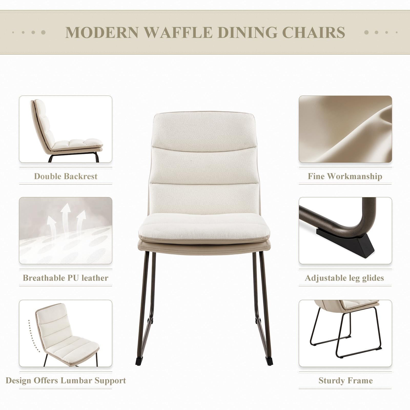 Modern Upholstered Dining Chairs Set of 2 - PU Leather & Fabric Kitchen Side Chairs with Sturdy Metal Legs, Cream - Perfect for Home Dining Room, Breakfast Nook & Small Space Decor