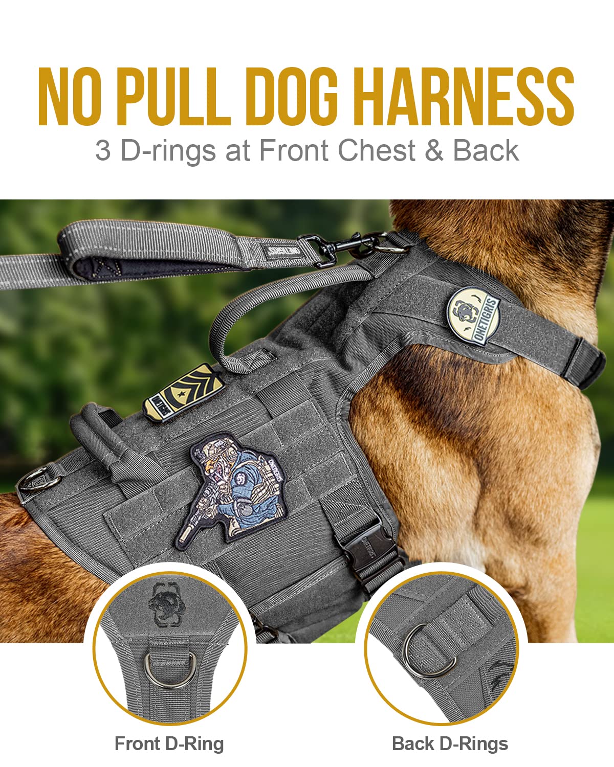OneTigris Tactical Dog Harness for Large Dogs - Heavy Duty No Pull Vest with Full Metal Buckles, MOLLE Panels & Adjustable Straps | Military Grade Dog Gear for Walking, Hiking, Training & Outdoor Adventures (Grey)