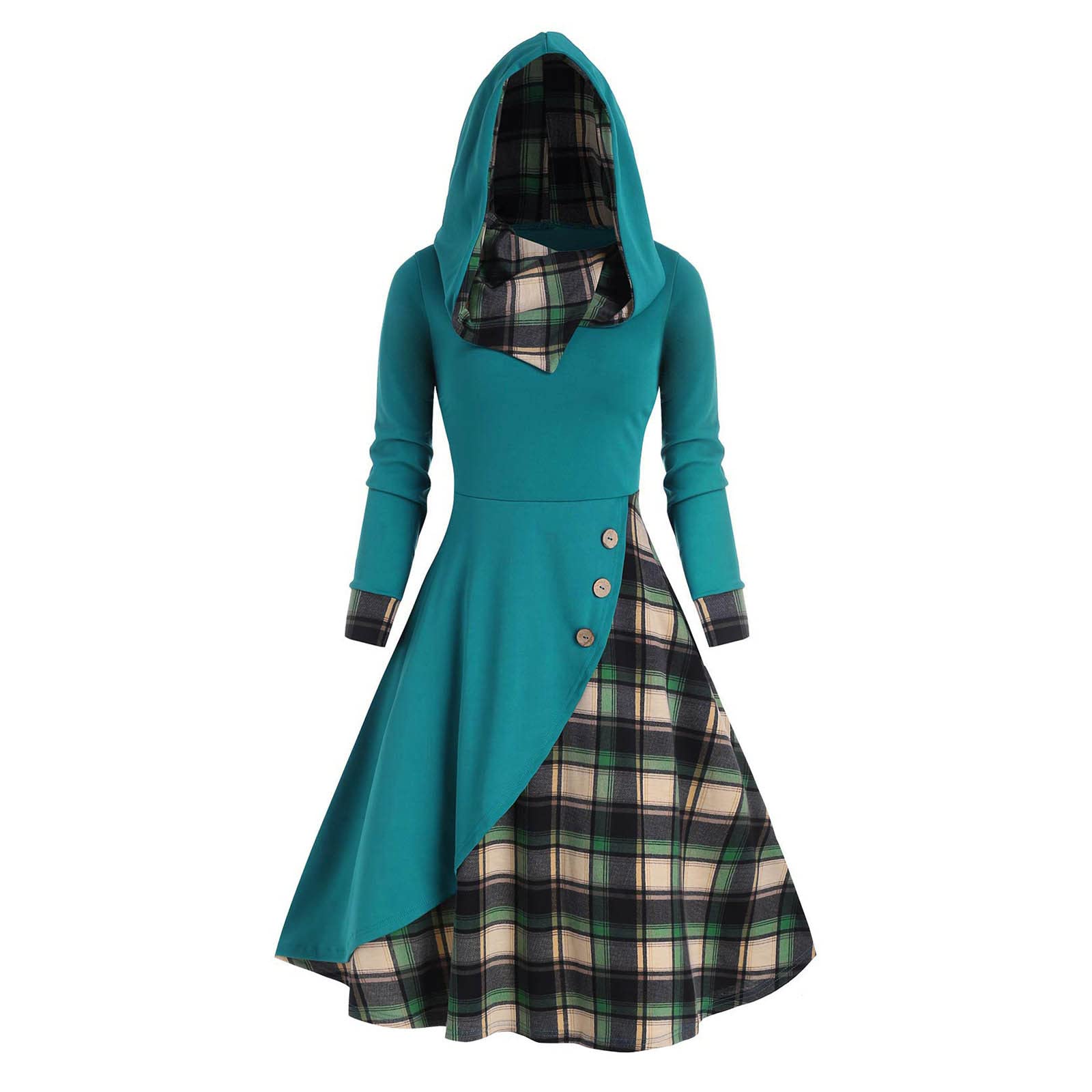 Women's Plaid Long Sleeve Hooded Button Dress - Vintage Gothic Patchwork Midi Dress for Fall - Perfect for Casual Outings, Date Nights & Halloween Costumes