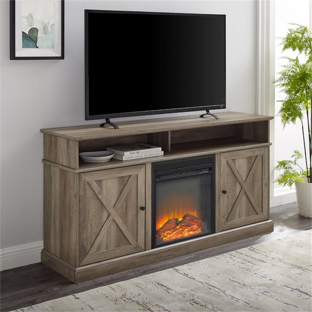 Farmhouse TV Stand with Wood Fireplace Design - Holds TVs up to 60 Inches, Gray Wash Finish - Perfect for Living Room, Bedroom & Home Theater Setup