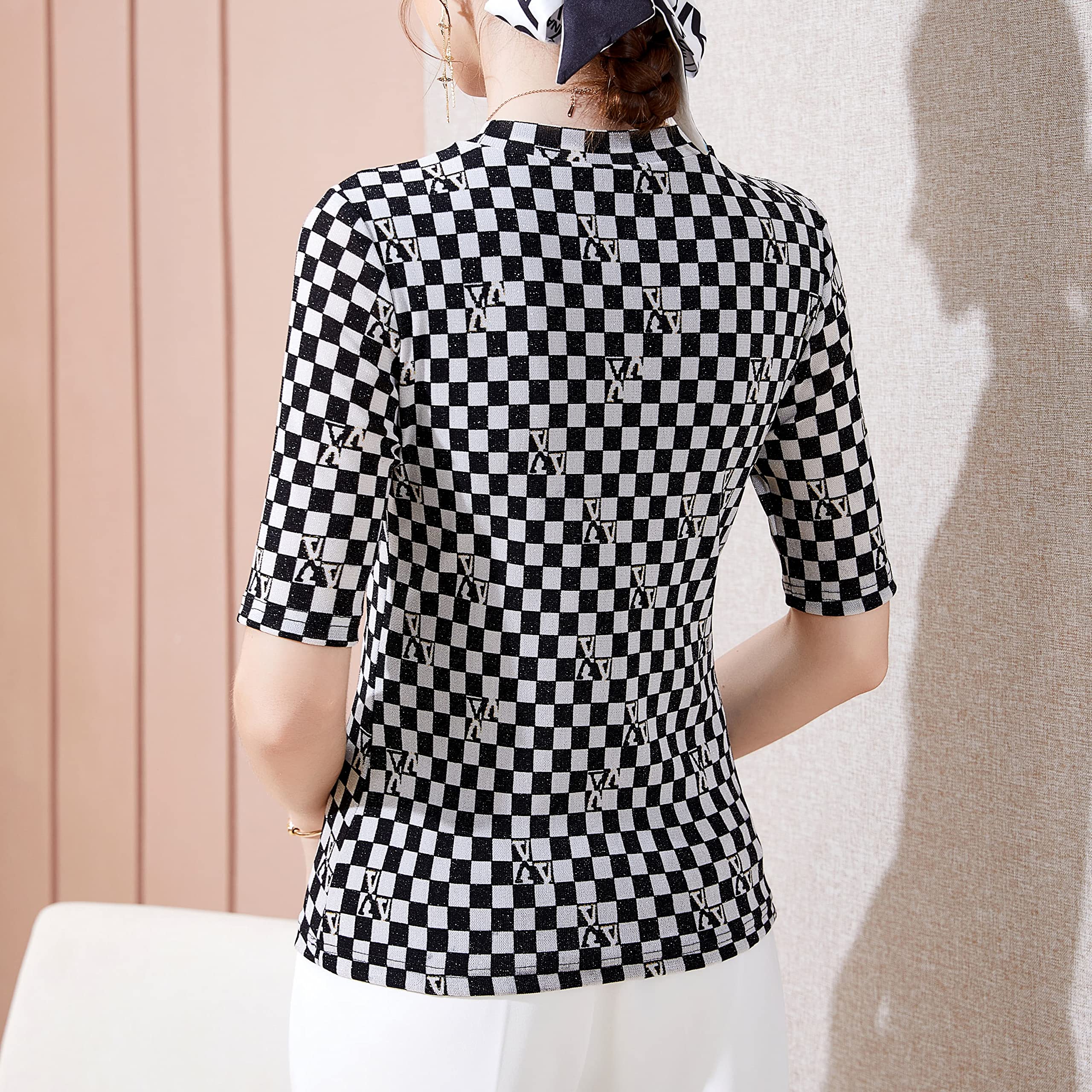Stylish Women's Plaid Mesh Tops - Summer Short Sleeve Crewneck Stretchy Blouse with Patchwork Print - Soft & Elegant Work Shirt for Office, Dating & Casual Outings