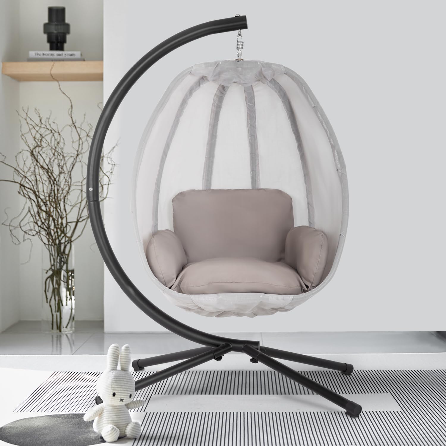 Comfy Egg Hanging Chair with Stand - Heavy Duty Indoor/Outdoor Hammock Chair with Breathable Fabric & Cushions - Perfect for Patio, Bedroom, Garden, Poolside Relaxation - Grey