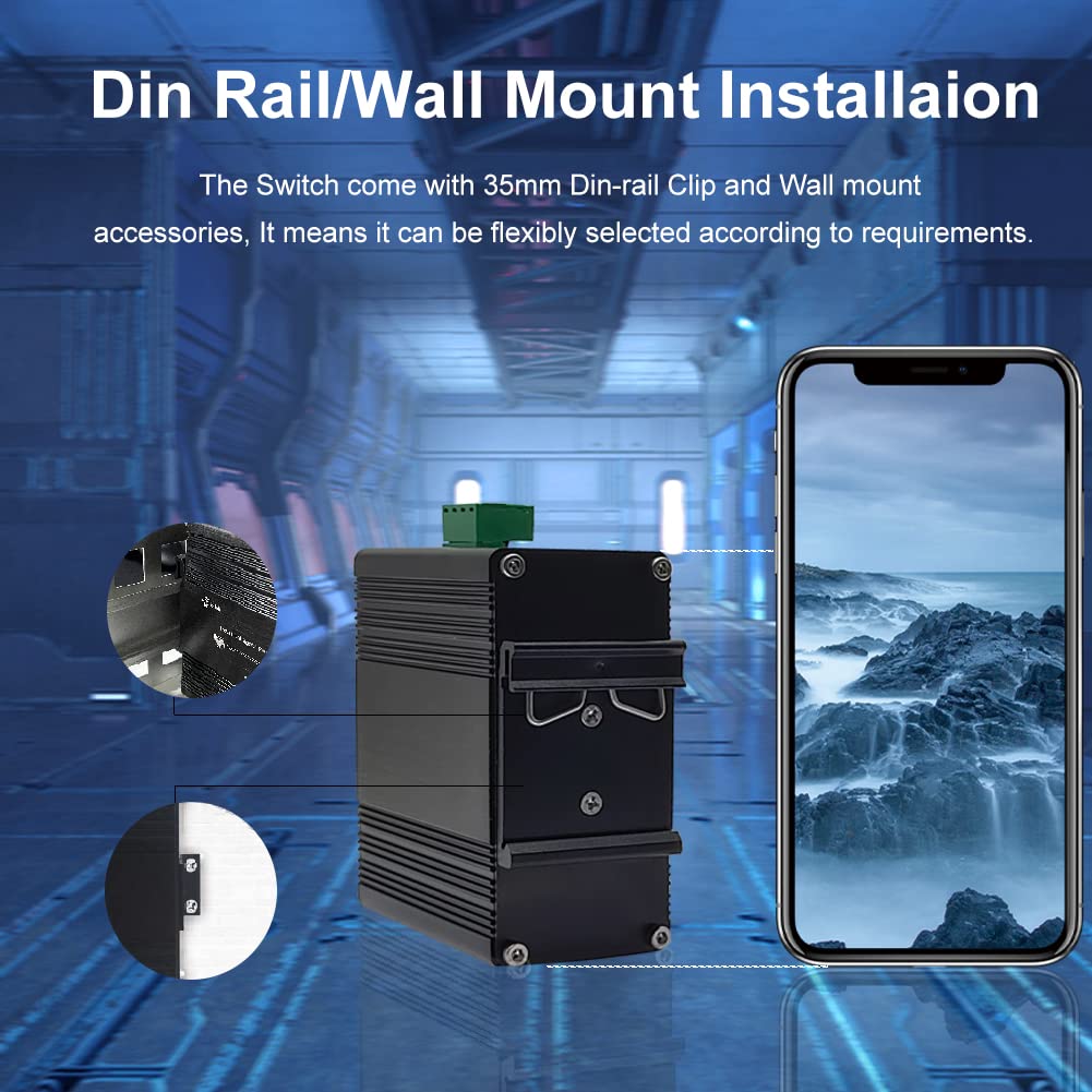 10 Port Gigabit Ethernet Switch - Industrial Grade, DIN Rail Mount, Unmanaged Network Switch with 10x RJ45 Ports (10/100/1000Mbps), Wide Temperature Range (-40°F to 176°F), 12-48V DC Power - Perfect for Outdoor, Factory Automation, and Harsh Environment Networking