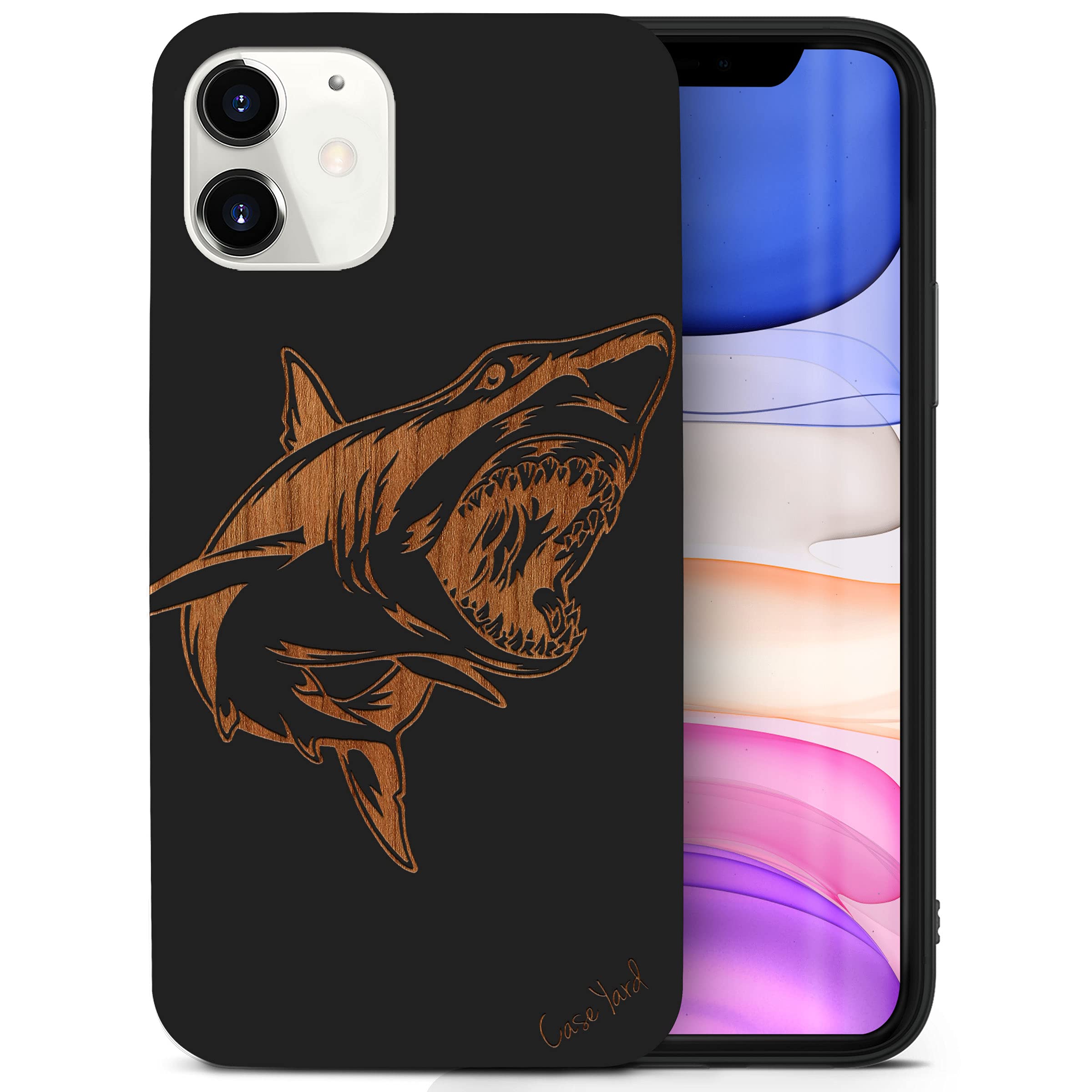 Wooden iPhone 12 Mini Case - Laser Engraved Shark Design Protective Cover | Shockproof Slim Fit Wood Phone Case for Men & Women | Perfect for Outdoor Adventures, Daily Use & Unique Gift Giving
