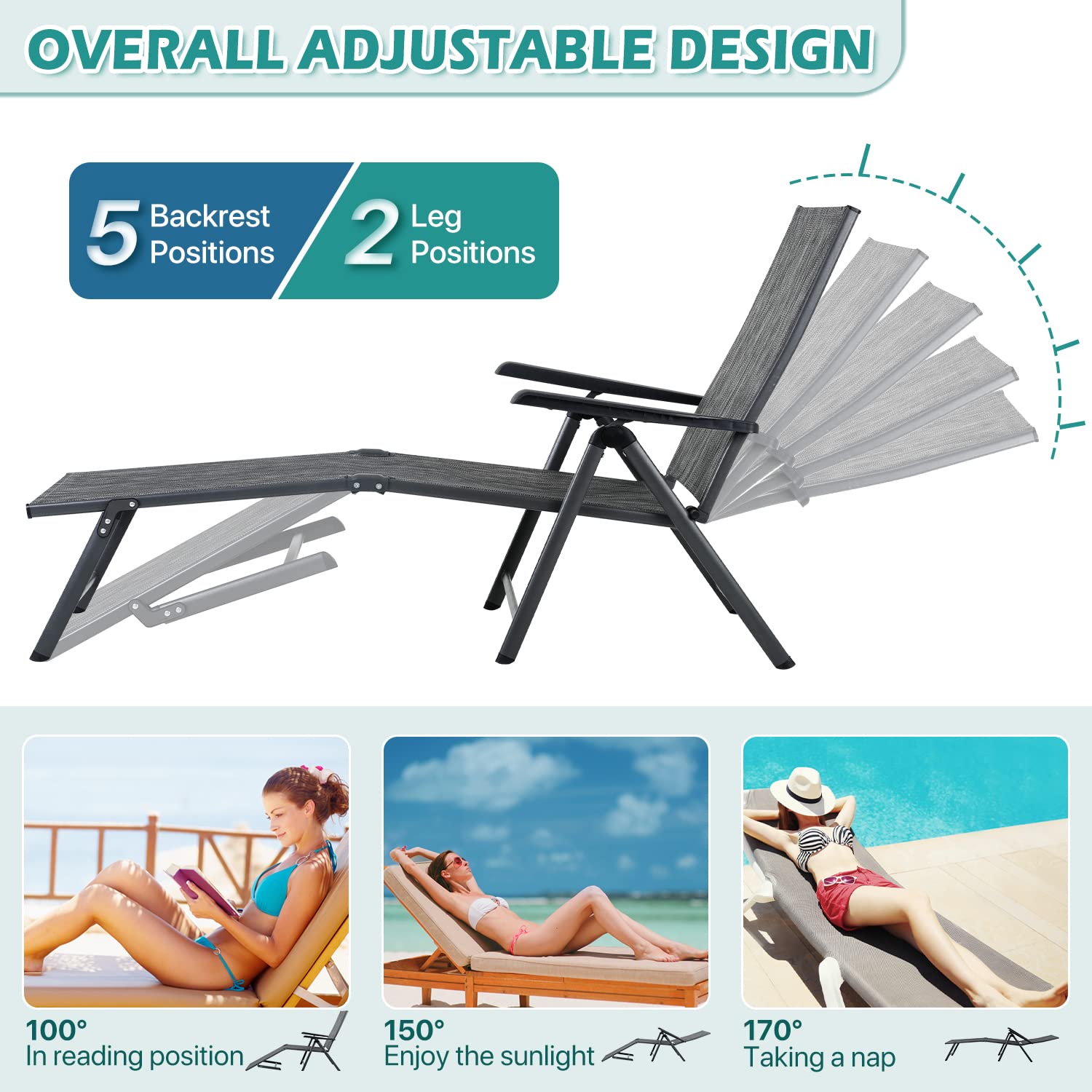 Premium Outdoor Chaise Lounge Chairs Set of 2 - Adjustable Reclining Patio Chairs for Poolside, Beach & Backyard - Water-Resistant Folding Deck Chairs with Cup Holders - Perfect for Sunbathing, Relaxing & Outdoor Lounging