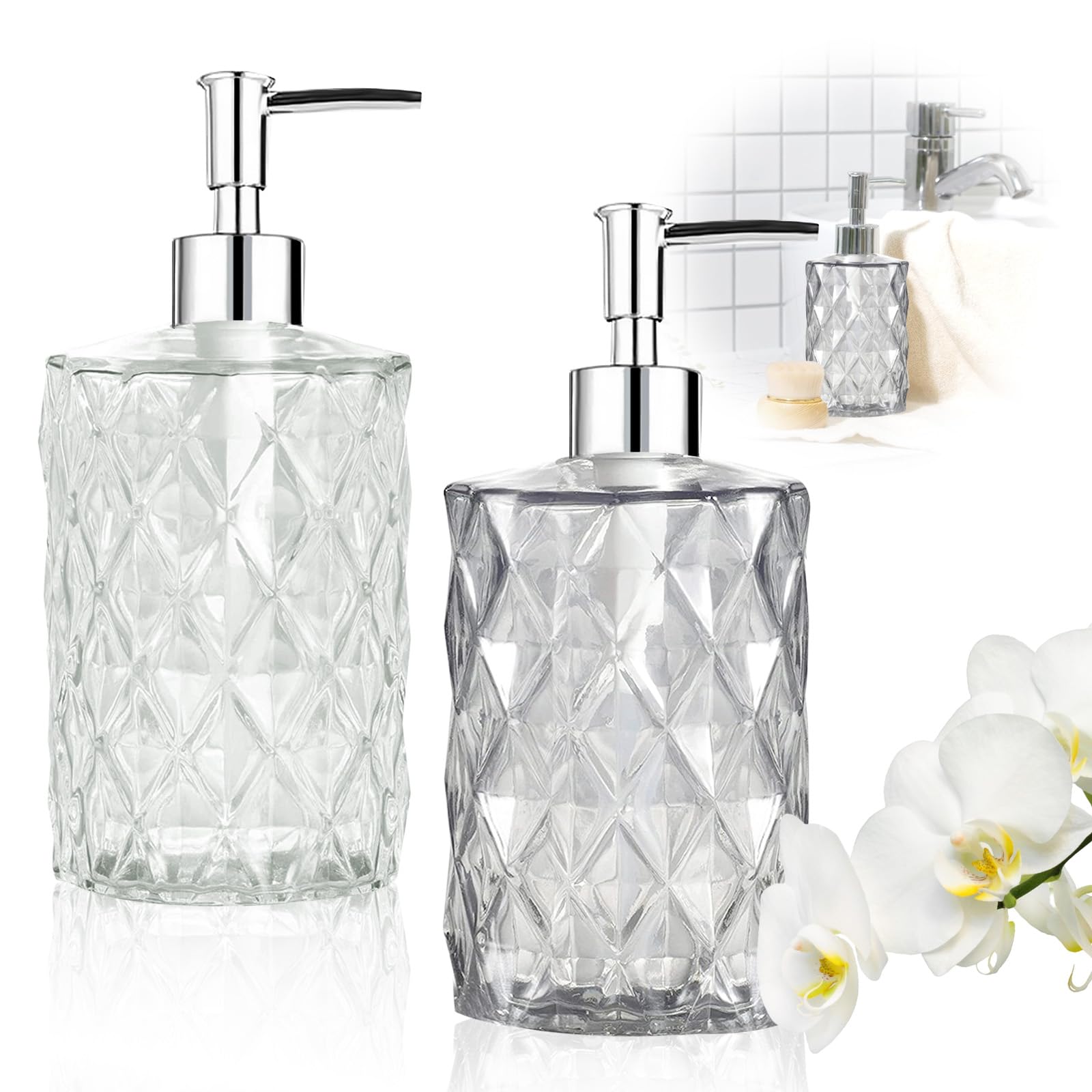 2-Pack Glass Soap Dispenser with Non-Slip Base - 330ML Liquid Soap Dispenser for Bathroom & Kitchen - Perfect for Soap, Shampoo & Lotion - Ideal for Home, Spa, and Hotel Use