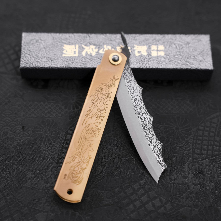 Premium Ryubu Dragon Brass Higonokami Folding Knife 120mm - Aogami Steel Blade for Camping, Outdoor Survival & Everyday Carry (EDC)