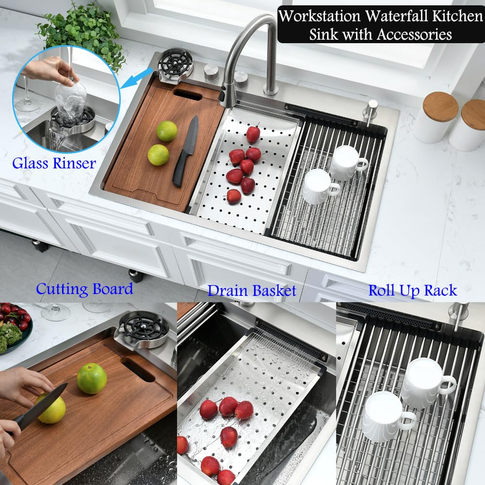 33 Inch Drop-In Waterfall Kitchen Sink with Faucet Combo - Bokaiya 33x22 Stainless Steel Single Bowl Sink, 16 Gauge, Includes Cutting Board & Workstation - Perfect for Modern Kitchens, Food Prep & Entertaining