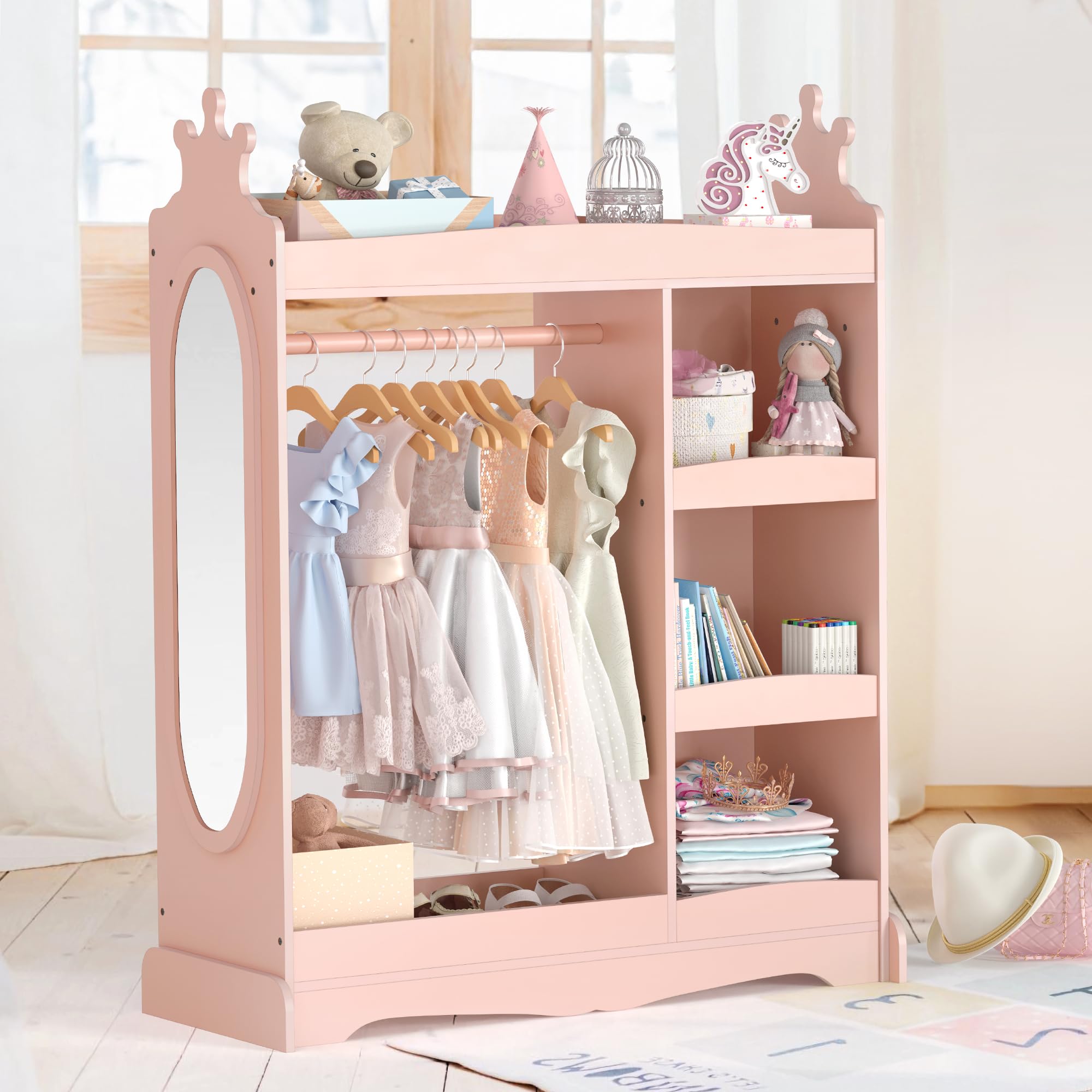 Pink Kids Wardrobe with Mirror & 3 Hooks - Girls Boys Closet Organizer, Costume Storage Armoire for Bedroom - Perfect for Toy Storage, Dress-Up Play & Bedroom Organization