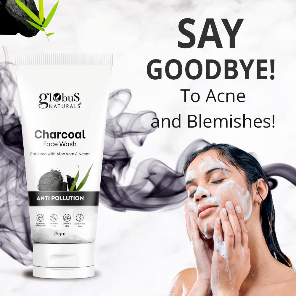 Globus Naturals Anti-Pollution Charcoal & Tea Tree Oil Face Wash for Oily & Acne-Prone Skin - 75g (Pack of 2) | Deep Cleansing, Detoxifying & Oil Control for Daily Skincare Routine