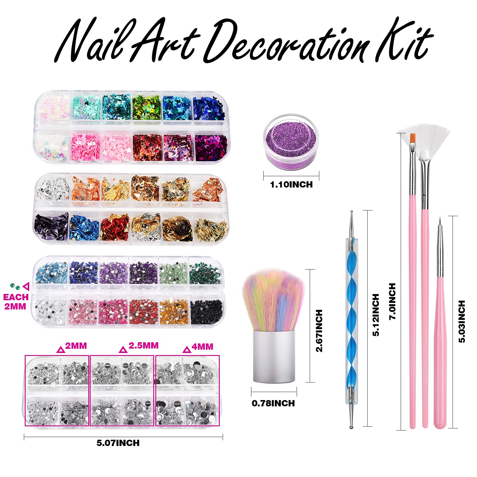 FANDAMEI Professional Nail Art Kit - 48 Pieces Nail Design Tools Set with Brushes, Dotting Pens, Glitter Powder, Sequins, Foil Flakes & Rhinestones | Perfect for DIY Manicure, Home Salon, Party Nail Designs & Gift for Nail Lovers