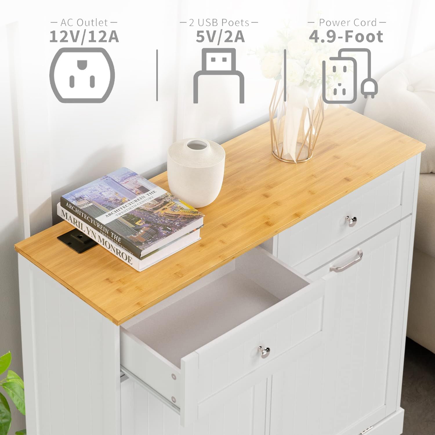 Upgraded GAZHOME 20 Gallon Double Tilt-Out Trash Cabinet with Built-in Charging Station & Hideaway Drawer - White Wooden Free-Standing Recycling Bin Organizer for Kitchen, Bathroom, or Office Use