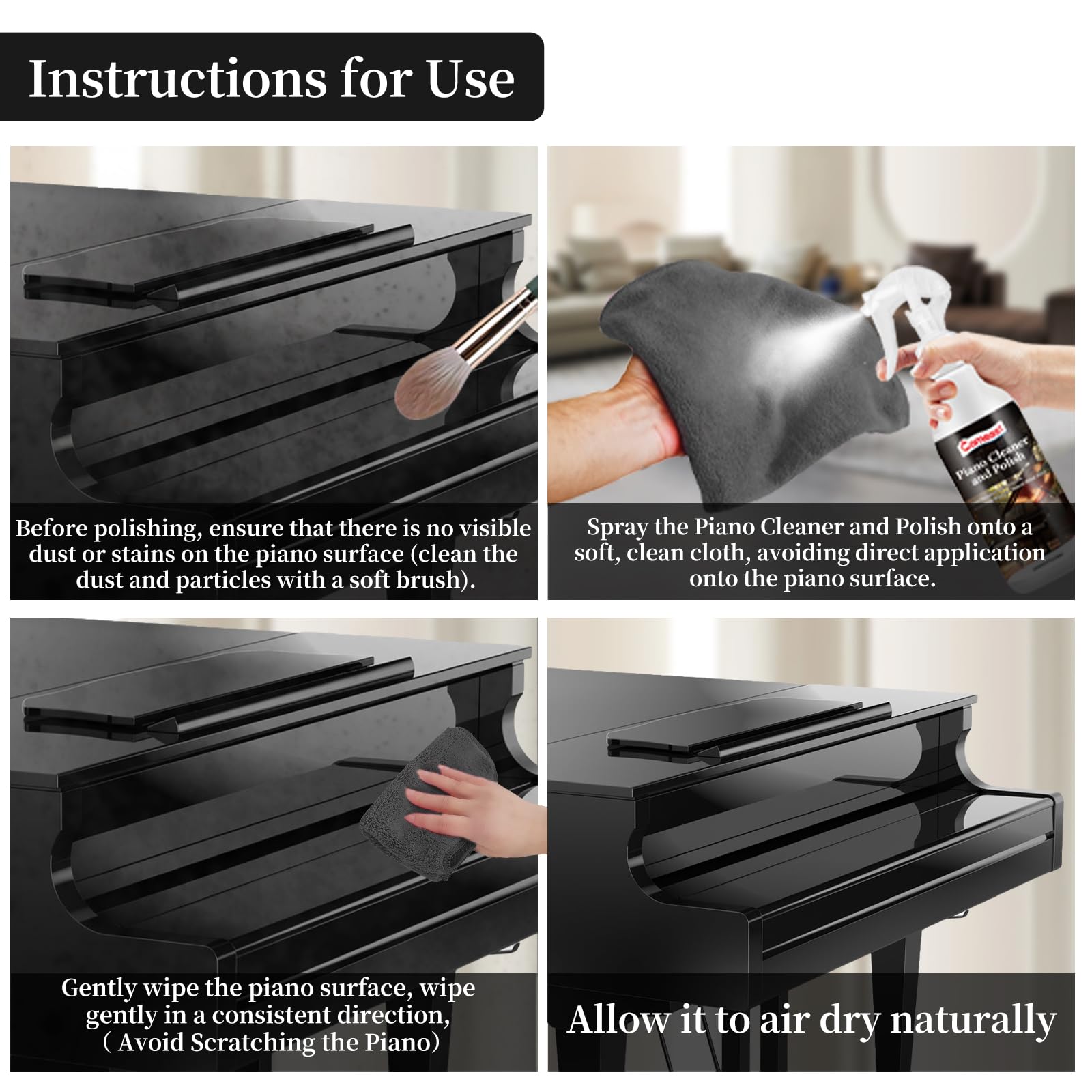 Premium Piano Cleaner & Polish - All-in-One Formula for Cleaning, Waxing & Protecting Glossy Finishes | Restores Shine, Removes Fingerprints & Stains | Enhances Wood & Lacquer Surfaces | 8.45 Fl Oz | Perfect for Home Pianos, Keyboards & Musical Instruments Maintenance