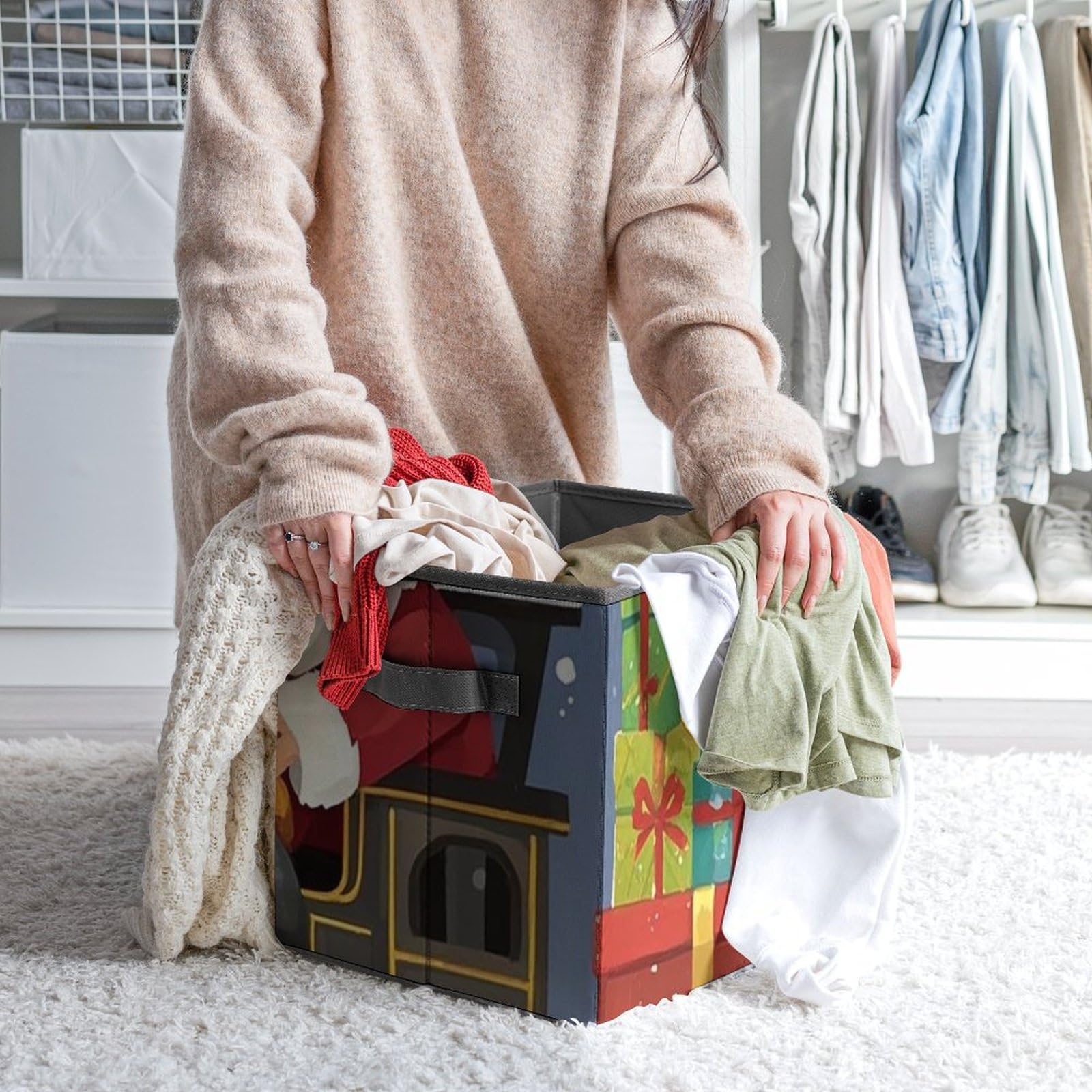 10.6 Inch Collapsible Storage Bins with Handles - Foldable Fabric Organizer Bins for Closet, Shelves, Office & Toys - Perfect for Home Organization, Kids Room Storage & Holiday Decor (Santa's Train Design)