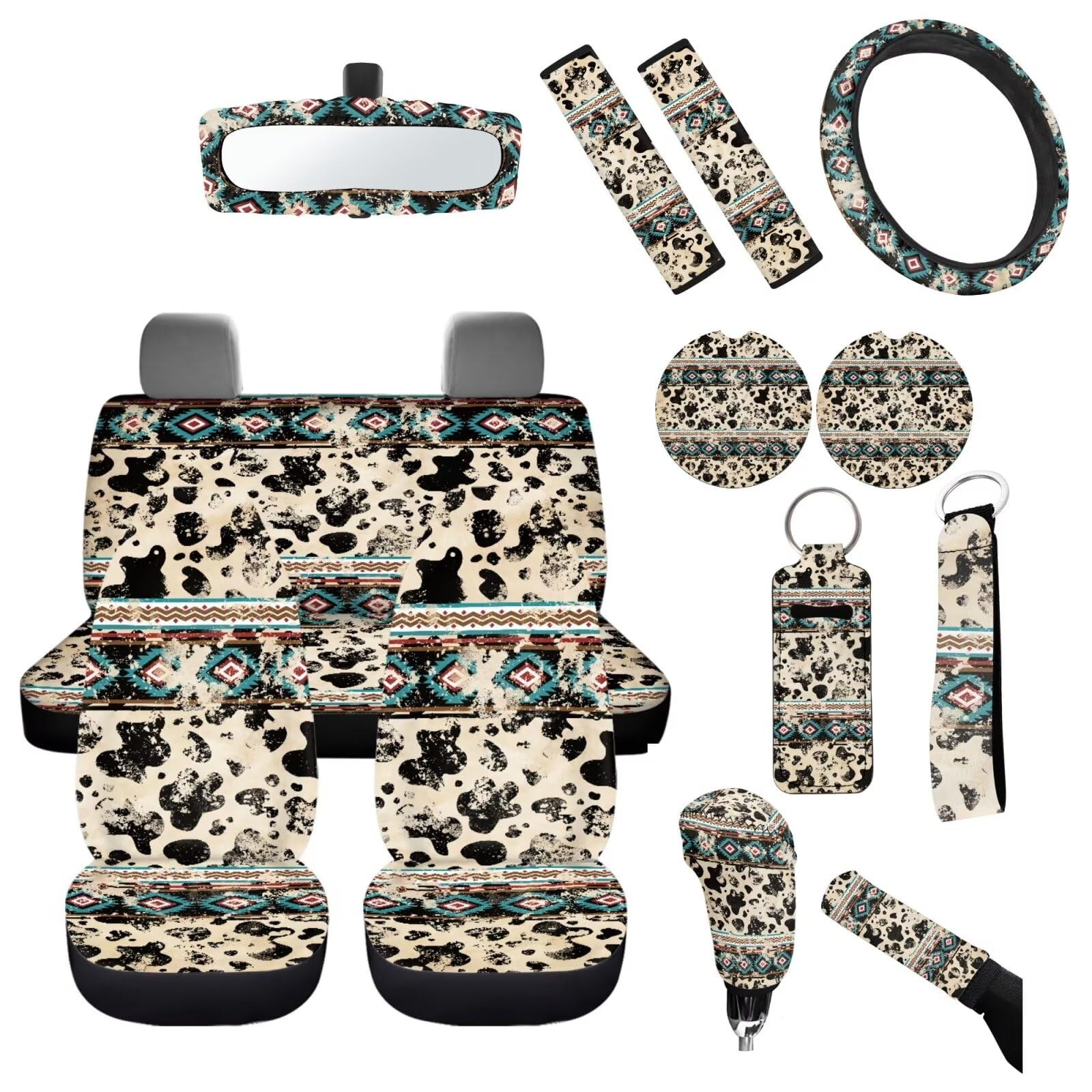 Premium Aztec Cow Print Car Seat Covers Full Set - Universal Fit for Most Vehicles, Includes Steering Wheel Cover, Keychain, Coasters & Mirror Covers - Durable & Comfortable Auto Accessories for Cars, Trucks & SUVs - Perfect for Road Trips, Daily Commute & Interior Protection