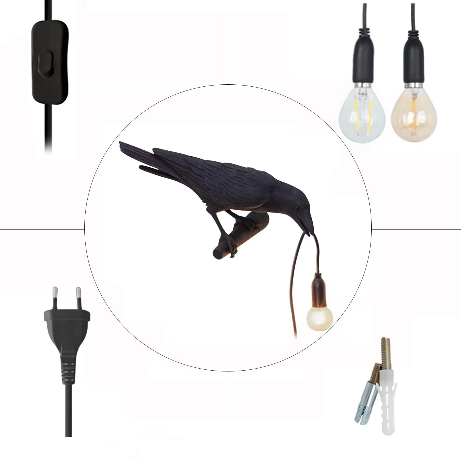 Gothic Crow Lamp - Black Raven Wall Light with Plug, Unique Resin Halloween Decor for Table, Goth, Bird & Art Home Decor - Perfect for Living Room & Bedroom (Includes 2 Bulbs) - Spooky Ambiance Lighting for Halloween Parties & Gothic Themed Rooms