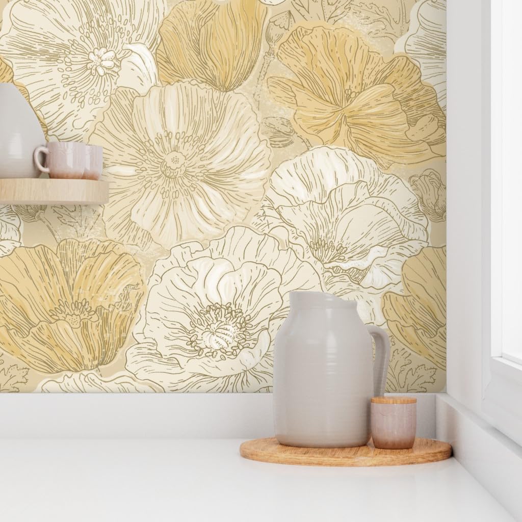 Removable Wallpaper Swatch - Poppies Flowers Floral Romantic Neutral Garden Custom Pre-Pasted Wallpaper by Spoonflower | Perfect for Nursery, Bedroom, Living Room & Office Decor