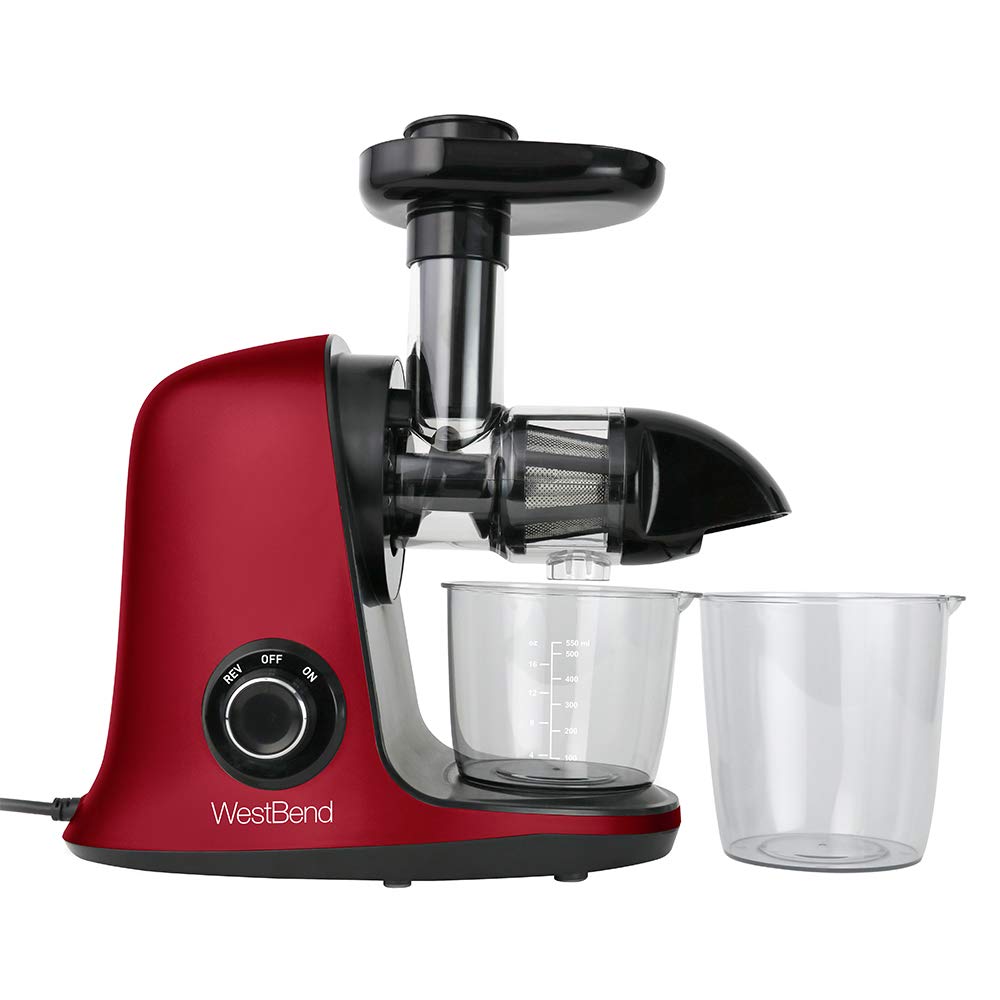 West Bend Cold Press Masticating Juicer Machine - 150W Quiet Motor with Anti-Clog & Reverse Function for Nutrient-Rich Juices - Perfect for Fruits, Vegetables, Leafy Greens - Ideal for Healthy Breakfasts, Detox Drinks & Family Nutrition (Red)