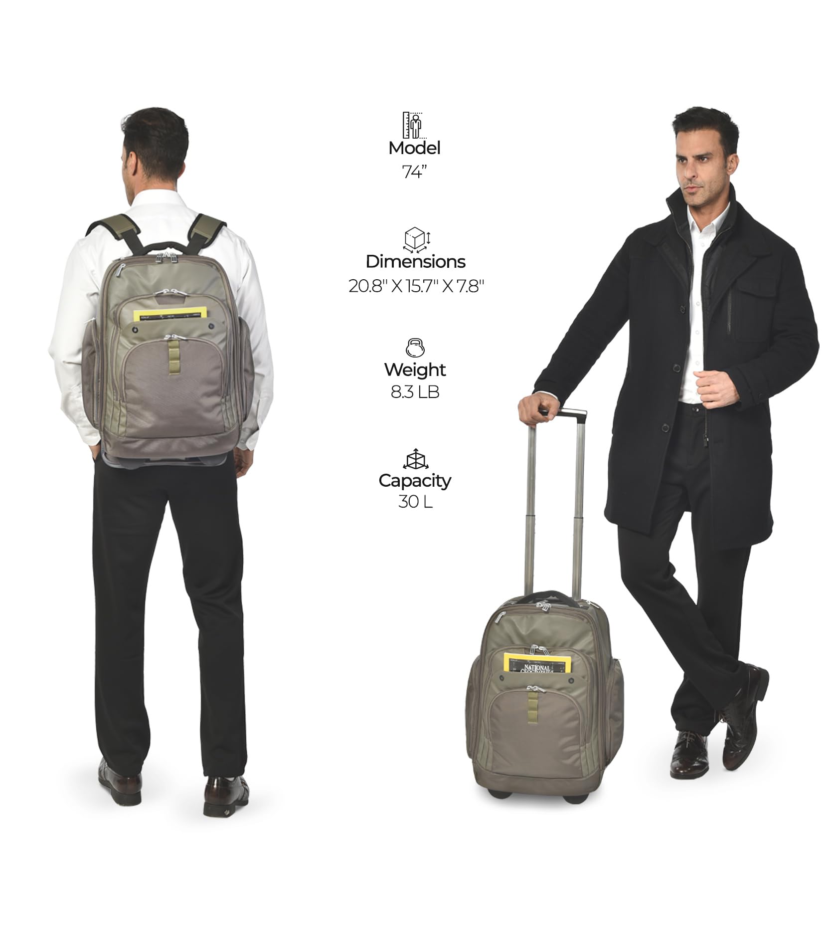 Rolling Laptop Bag with Wheels - Adjustable 13-17.3 Inch Wheeled Computer Backpack for Men & Women, Carry-on Work Bag for Business Travel & Commuting