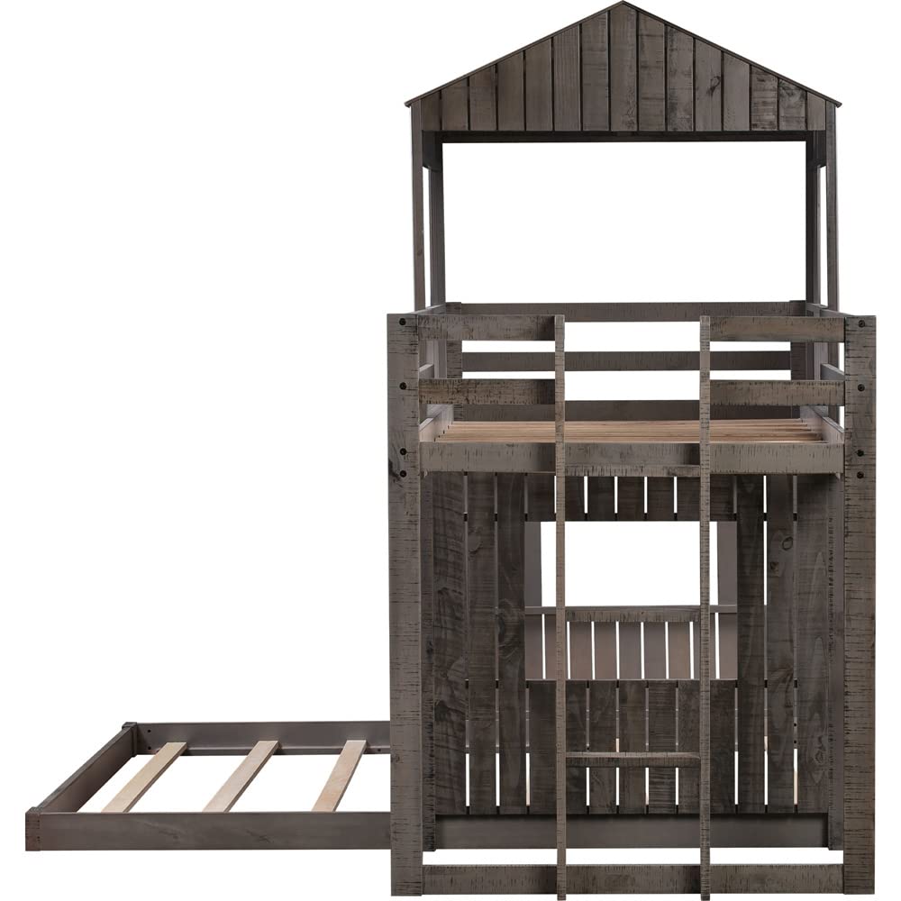 Solid Wood L-Shaped Twin Over Full Bunk Bed with Roof & 4 Windows - Sturdy Loft Bed Frame with Full-Length Guardrails & Ladder - No Box Spring Needed in Antique Gray - Perfect for Kids' Bedroom, Guest Room & Small Space Living