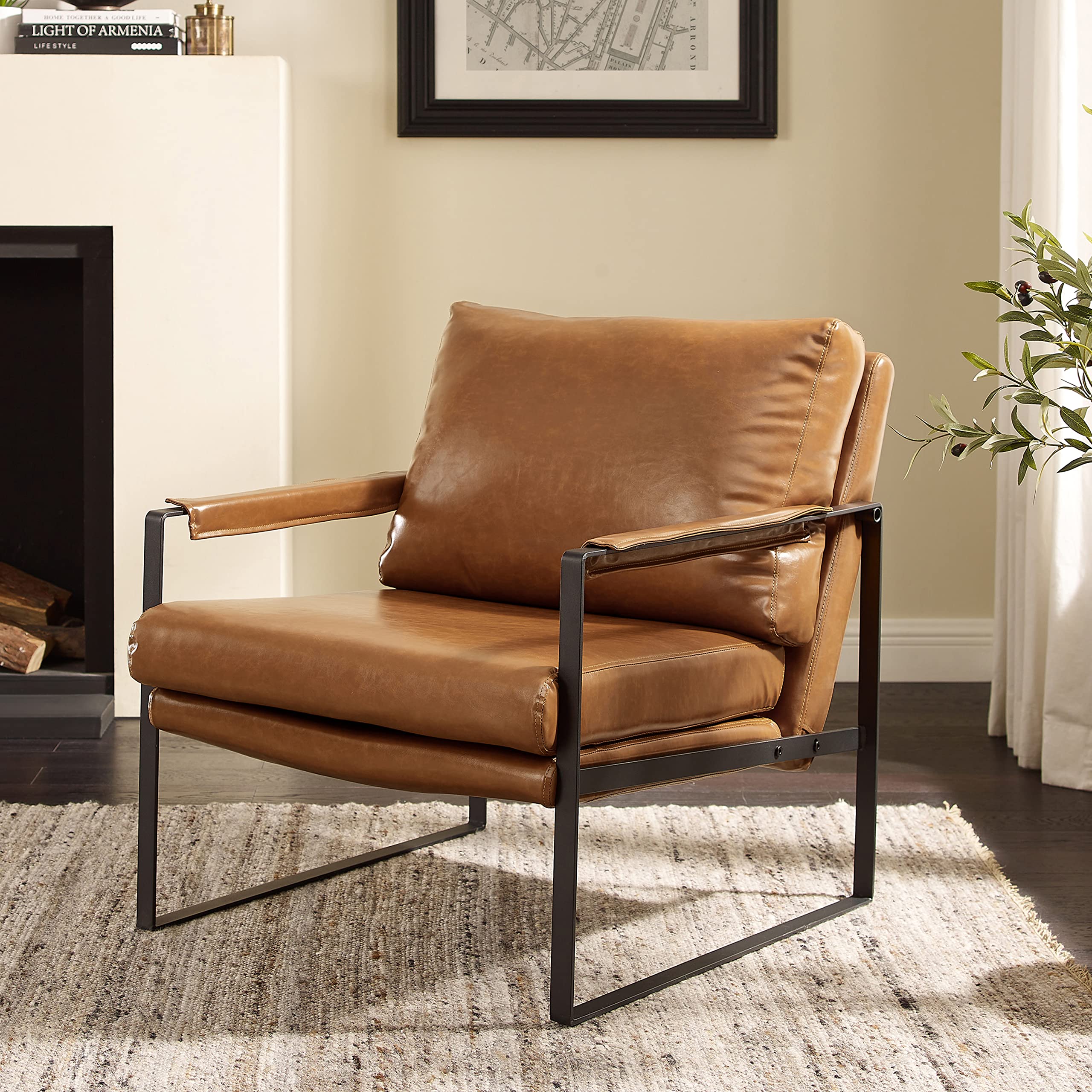 Art Leon Mid Century Modern Accent Chair - Faux Leather Lounge Armchair with Black Metal Legs, Compact Single Seater for Living Room, Bedroom & Small Spaces (Brown) - Perfect for Reading Nooks, Home Offices & Cozy Corners