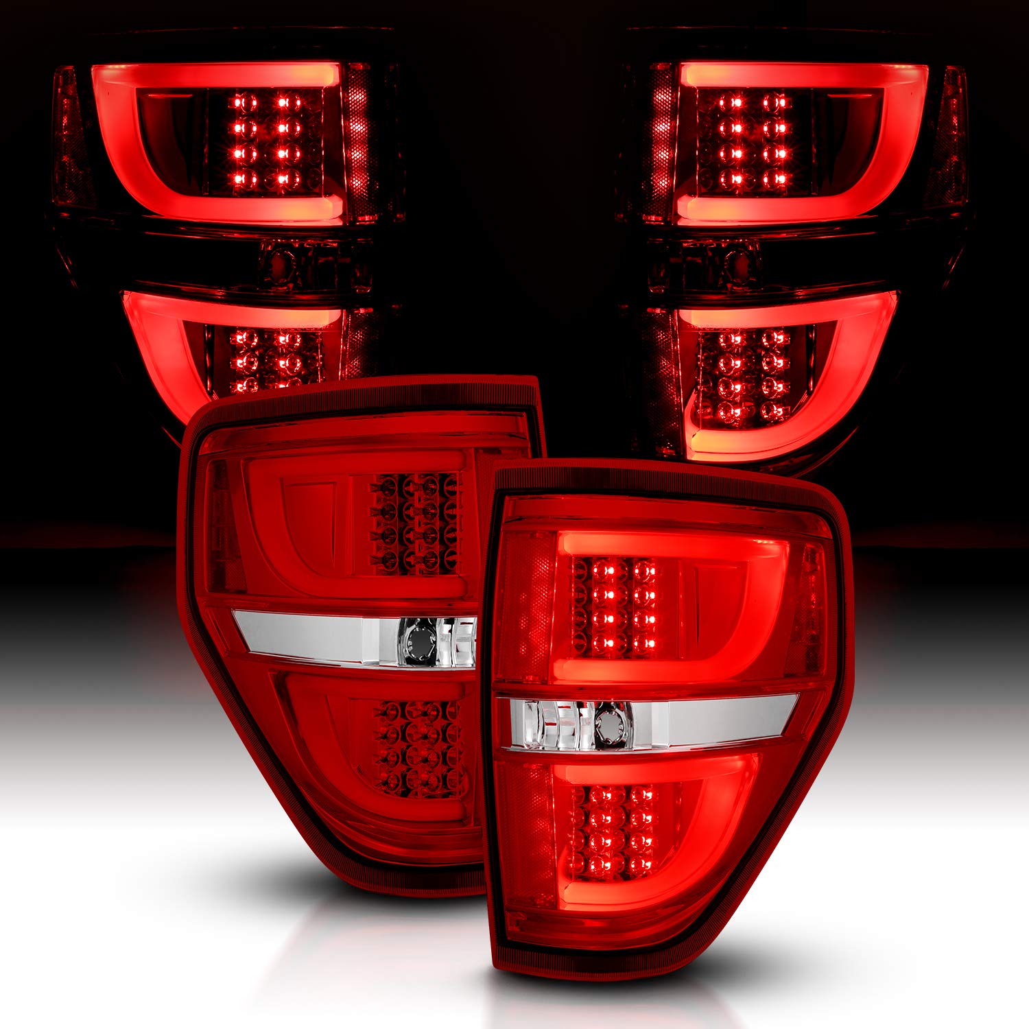 AmeriLite Red/Clear LED Bar Replacement Brake Tail Lights Set for Ford F-150 (Passenger & Driver Side) - Durable & Bright LED Lights for Enhanced Safety & Style on Trucks & Off-Road Vehicles