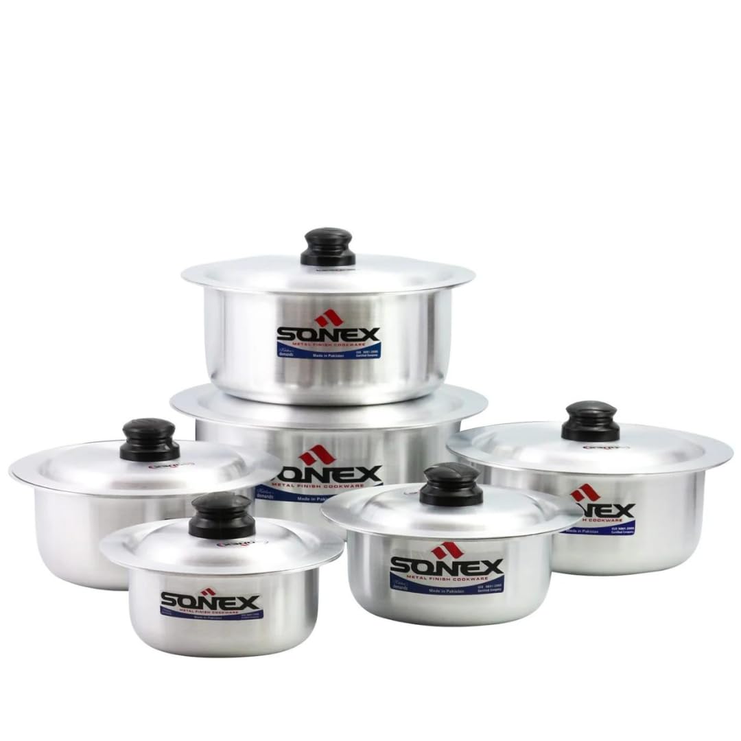 Premium 6-Piece Aluminum Cookware Set with Lids (2.5L-11L) - Durable Non-Stick Cooking Pots for Home Kitchen, Camping & Outdoor Use - Sonex Metal Finish Global Pot Collection