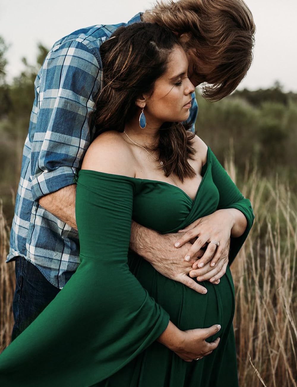 VSNOW Maternity Photoshoot Dress - Elegant Off Shoulder Drop Sleeve Maxi Gown with Side Slit for Pregnancy Photography, Baby Shower & Maternity Portraits