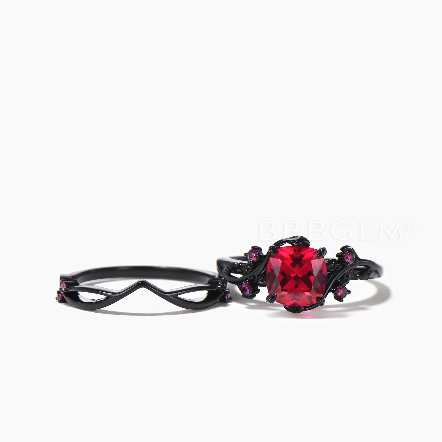 Exquisite Cushion Cut Ruby Black Gold Ring Set - Nature Inspired Engagement Ring for Women - Perfect for Weddings, Anniversaries & Special Occasions