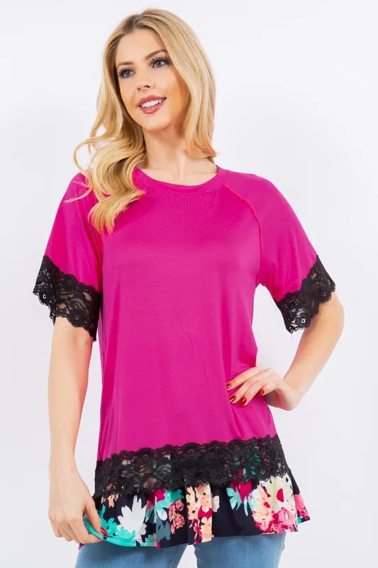 Celeste Plus Size Lace Trim Short Sleeve Blouse - Floral Embroidered Women's Tops for Casual Wear & Summer Outfits