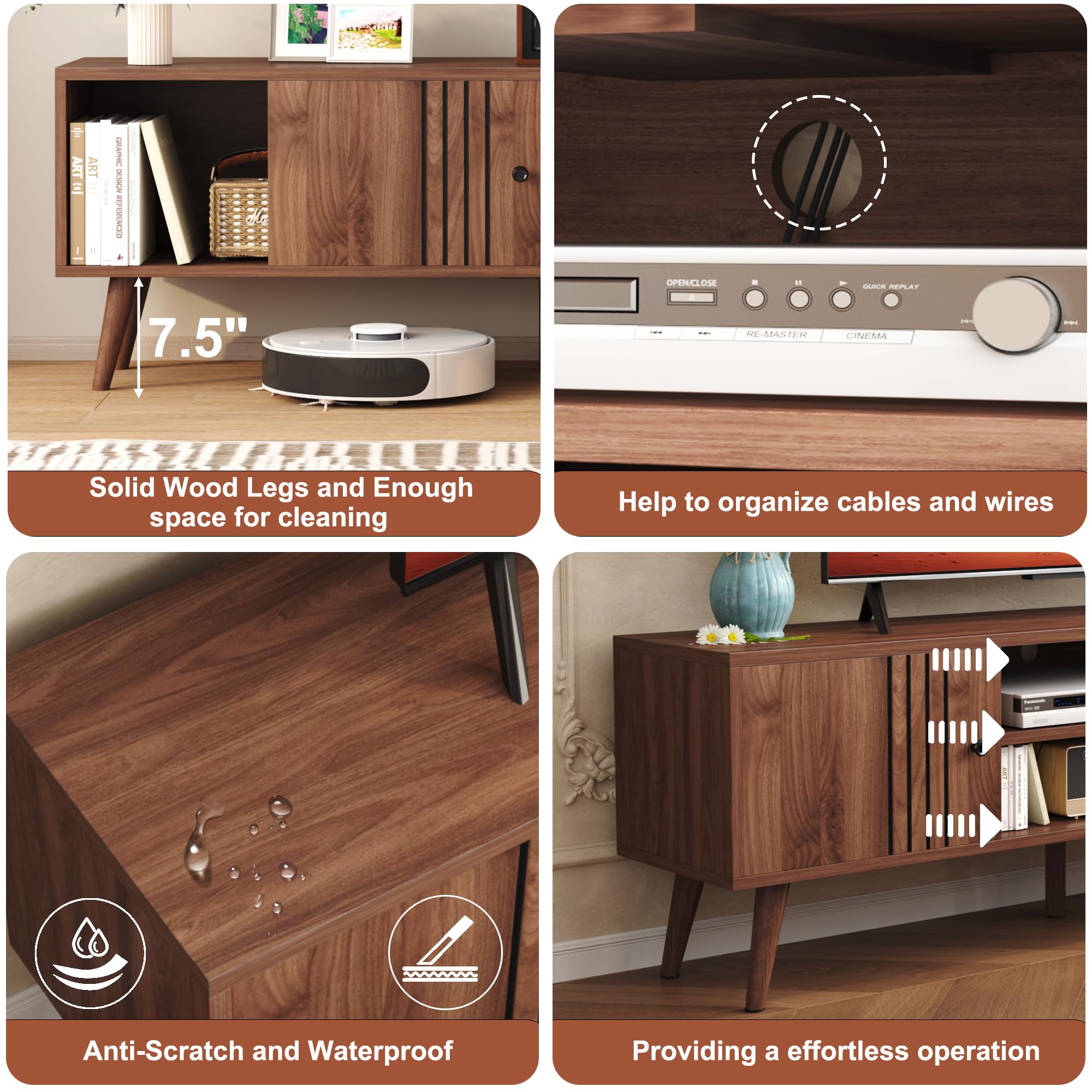 Mid-Century Modern TV Stand for 65/60/55 Inch TVs - Walnut Entertainment Center with Sliding Doors & Storage - Media Console Table for Living Room & Bedroom - Perfect for Home Theater Setup & Stylish Home Decor