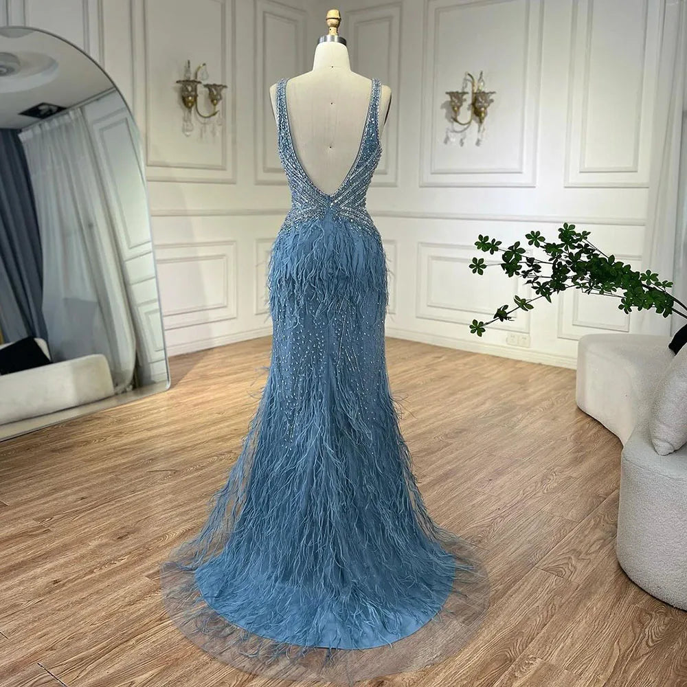 Elegant Gold Mermaid Evening Dress with High Slit & Feather Details - Backless Beaded Gown for Women - Perfect for Prom, Gala, and Red Carpet Events